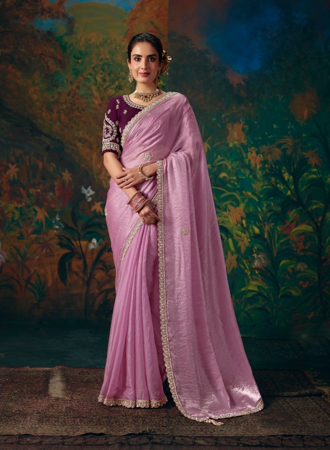 Satin Silk Pink Party Wear Embroidery Work Sarees