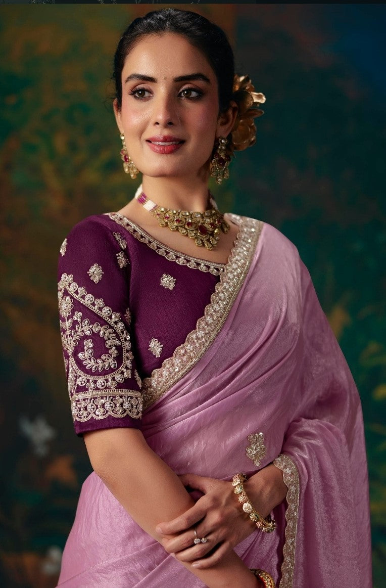 Satin Silk Pink Party Wear Embroidery Work Sarees