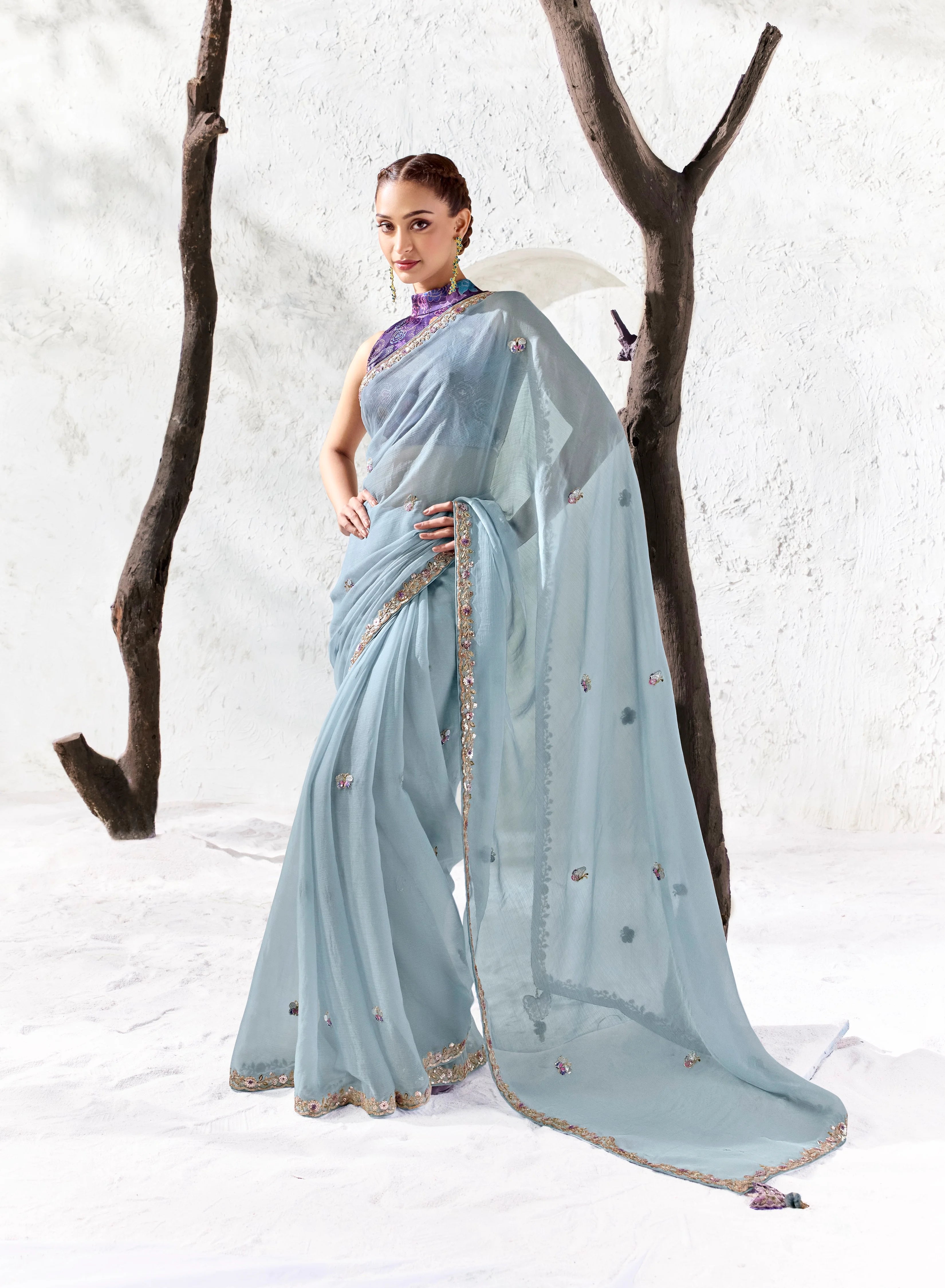 Premium Luxe Silk Festival Wear Sky Blue With Lace