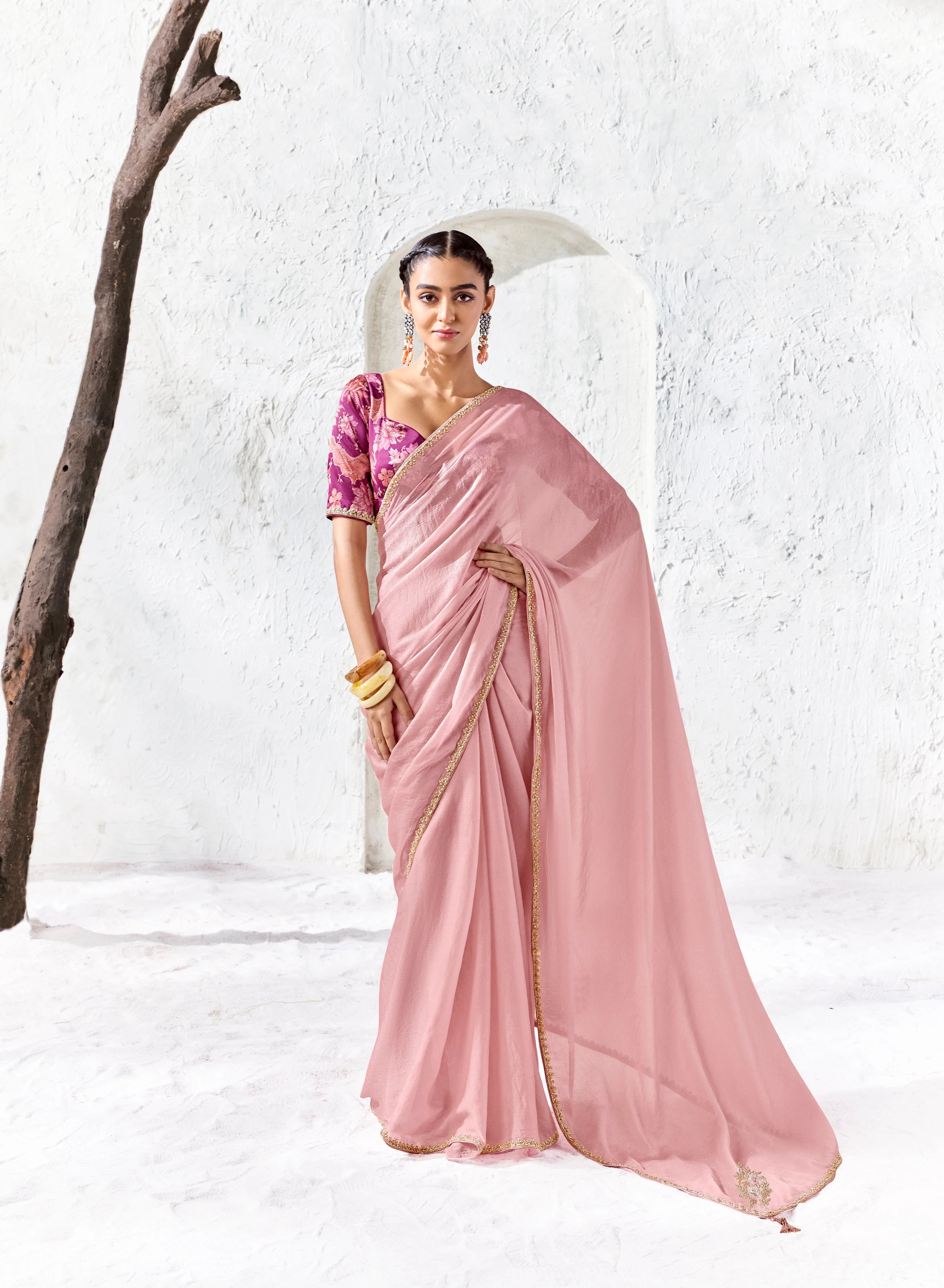 Premium Luxe Silk Festival Wear Rose Pink With Lace