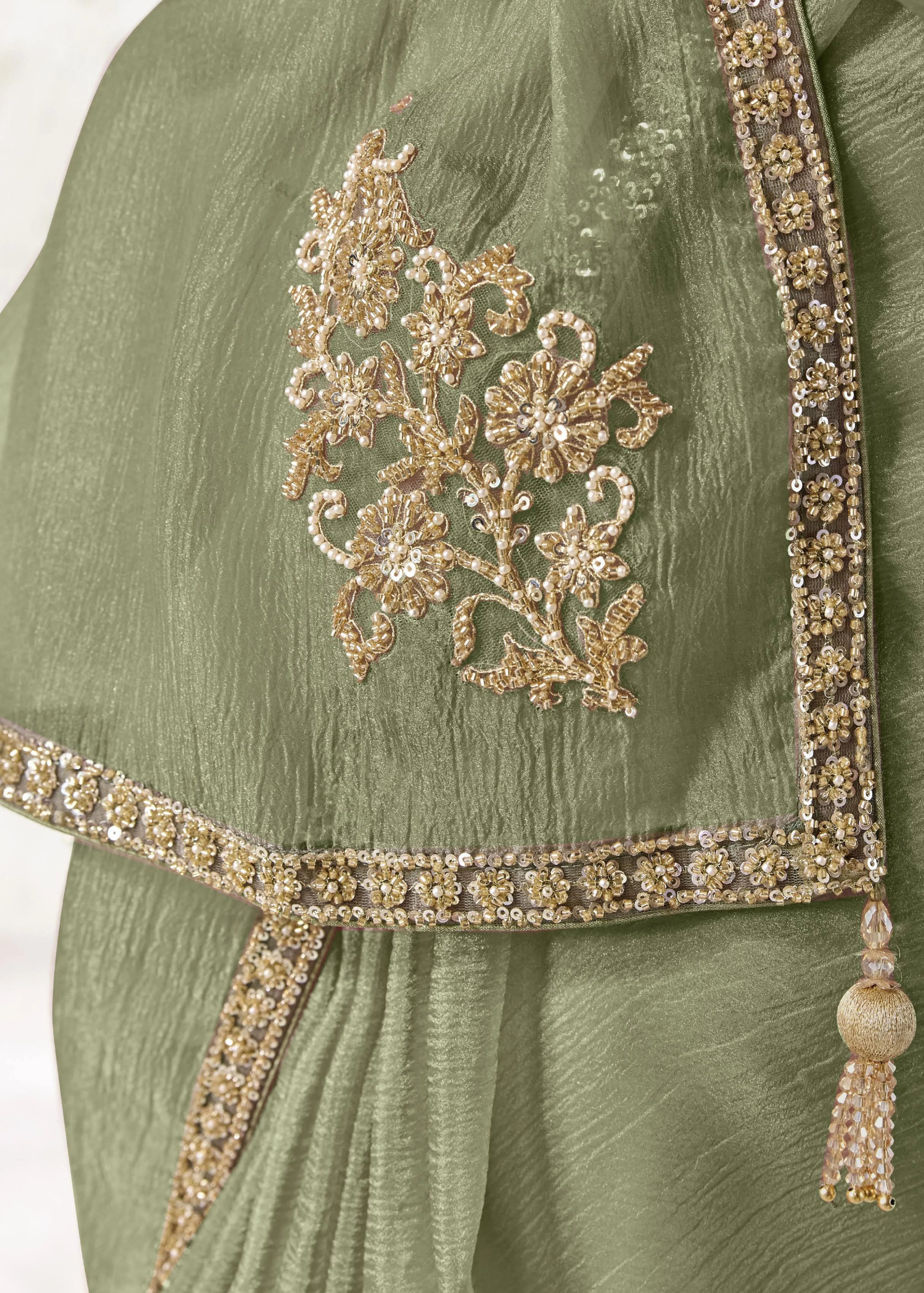Premium Luxe Silk Festival Wear Sage Green With Lace