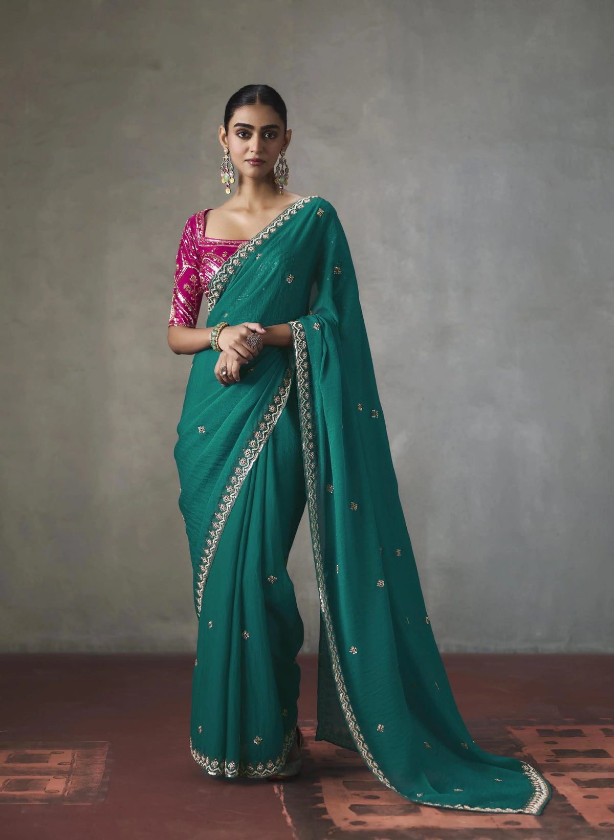 Lightweight Silk Blend Teal Party Wear Cutdana Work Sarees