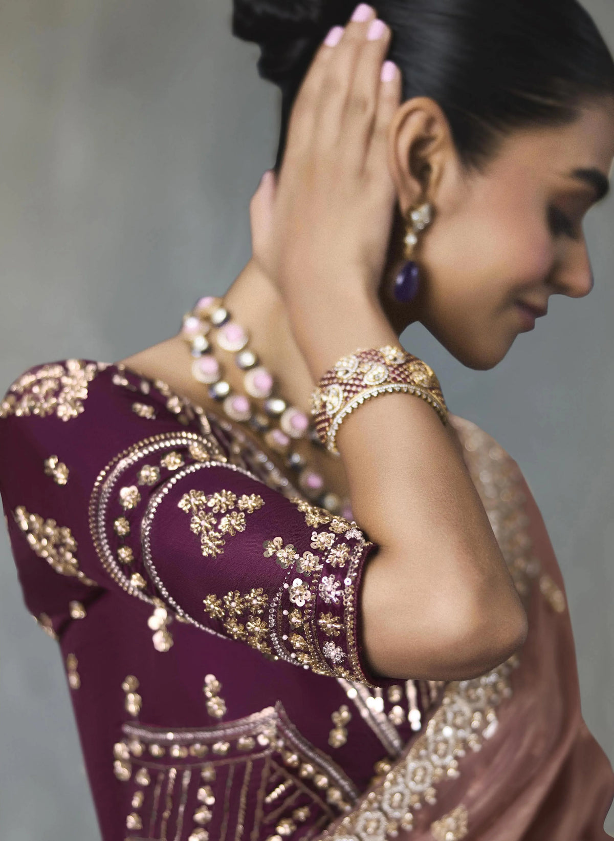 Lightweight Silk Blend Brown Party Wear Cutdana Work Sarees