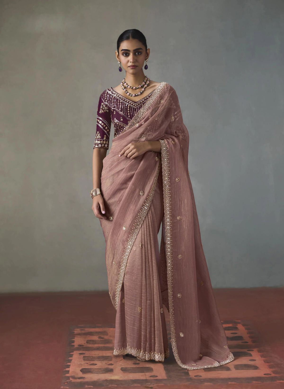 Lightweight Silk Blend Brown Party Wear Cutdana Work Sarees