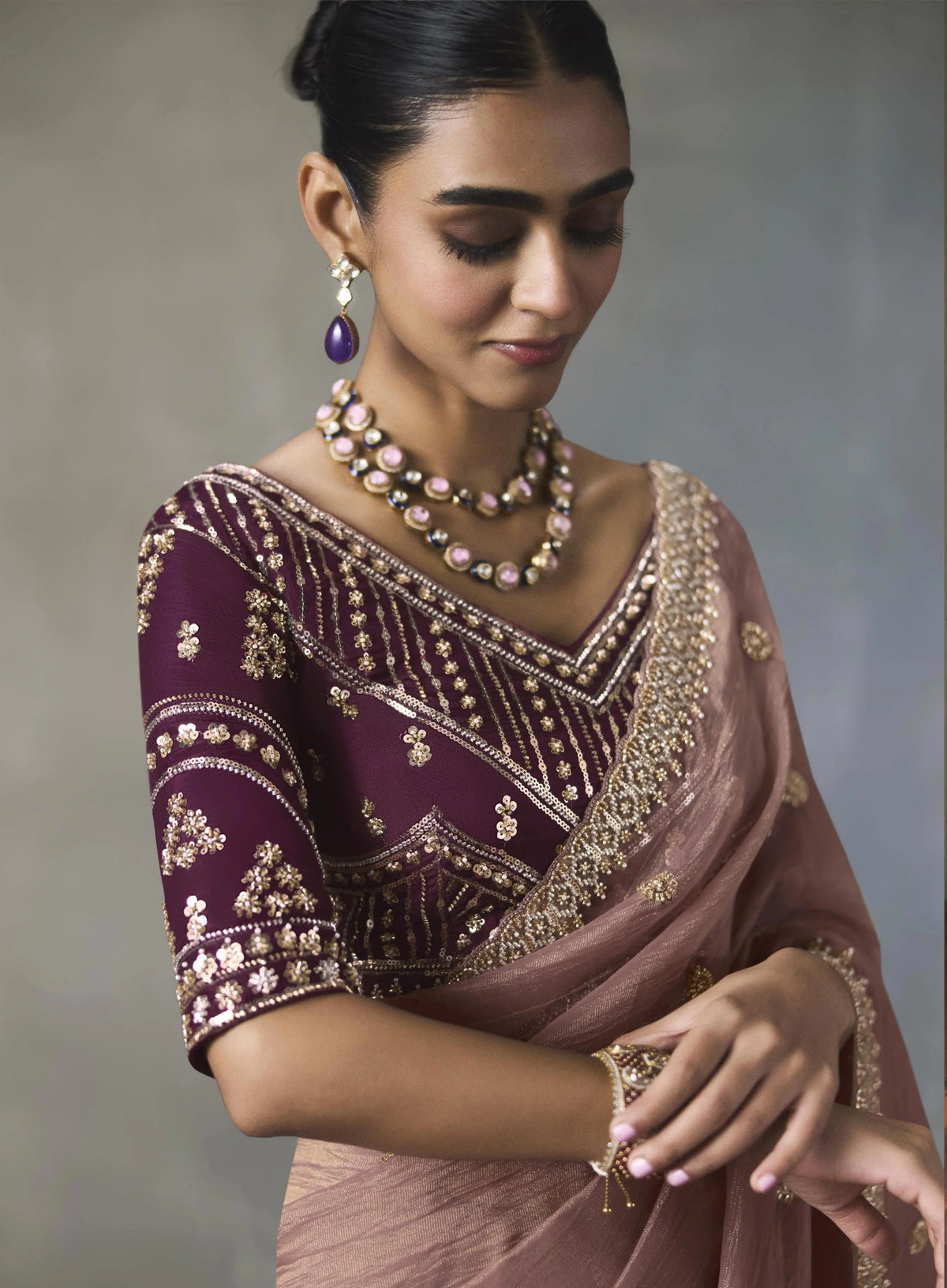 Lightweight Silk Blend Brown Party Wear Cutdana Work Sarees