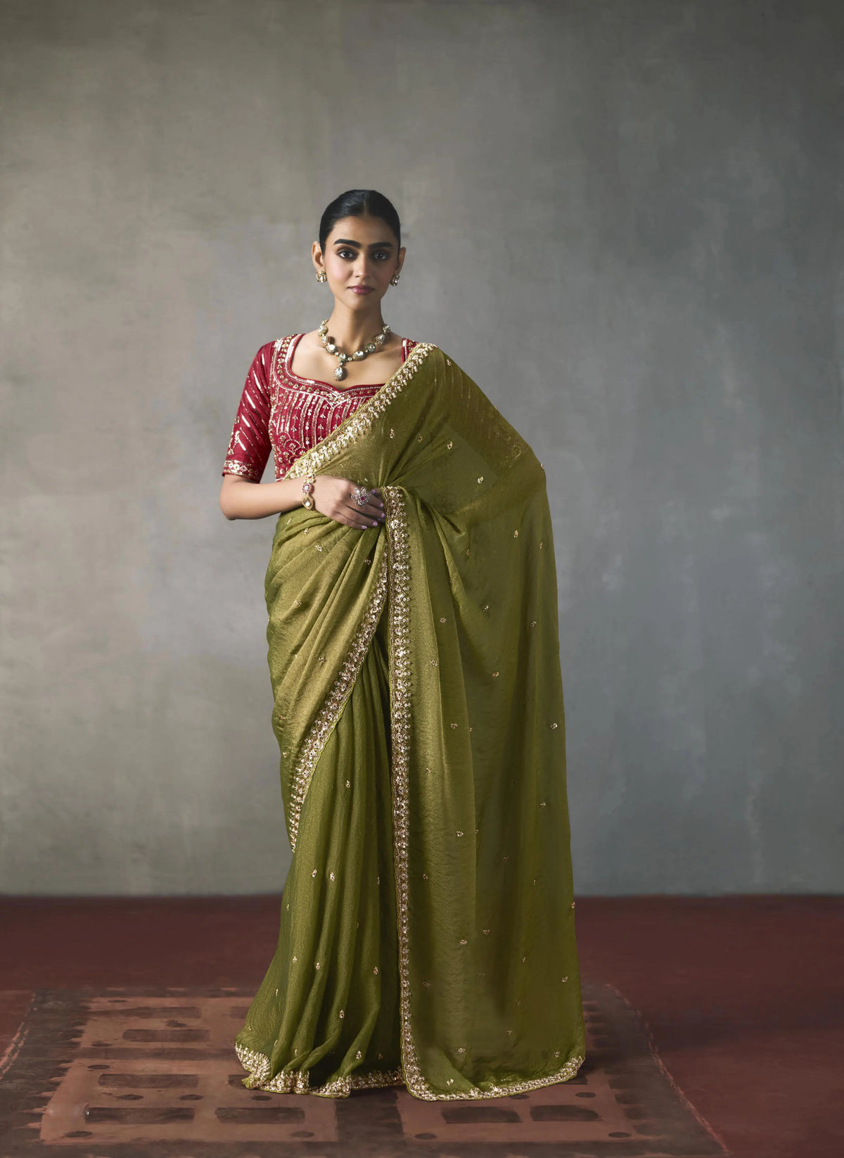 Lightweight Silk Blend Olive Party Wear Cutdana Work Sarees