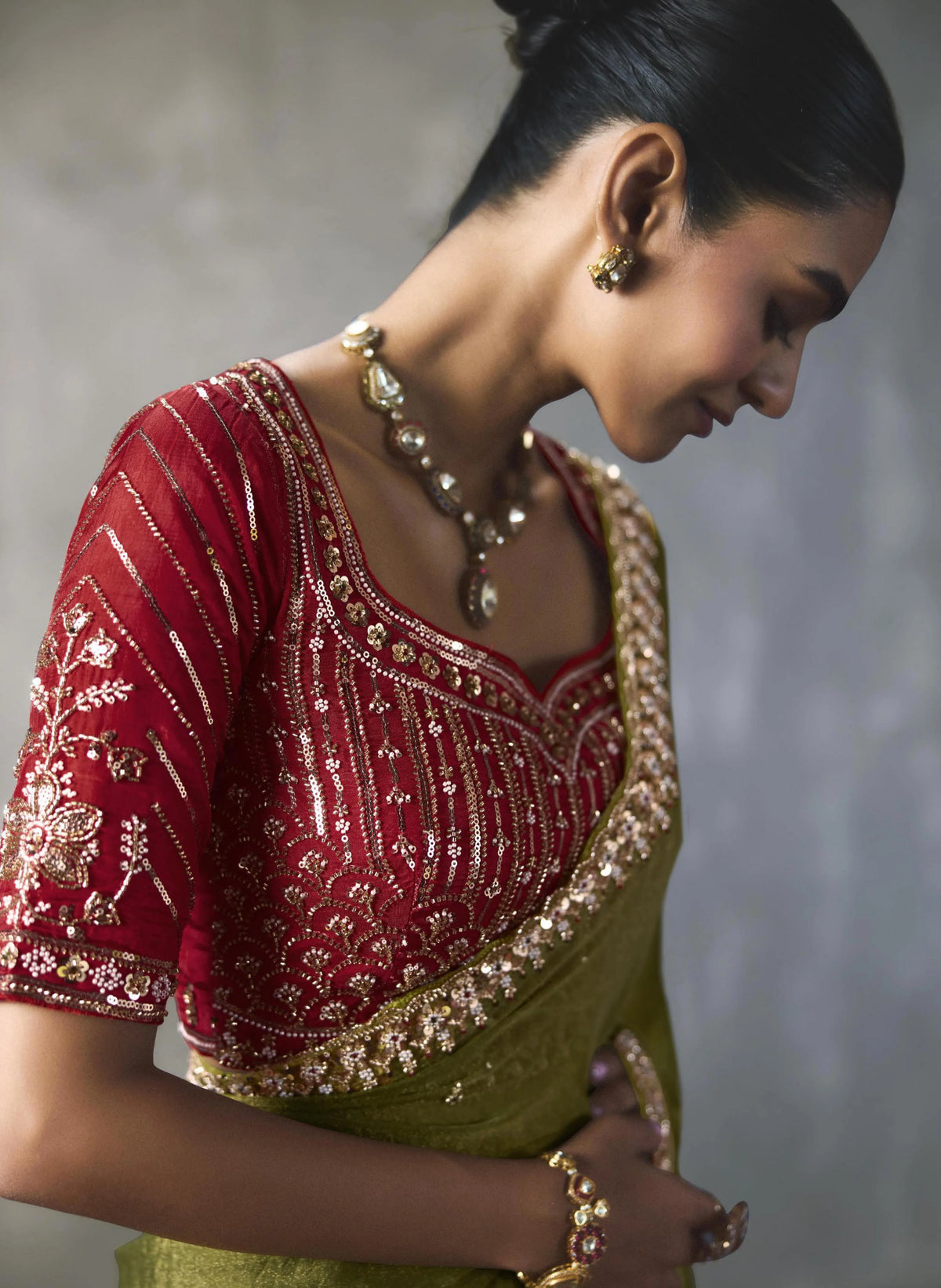 Lightweight Silk Blend Olive Party Wear Cutdana Work Sarees