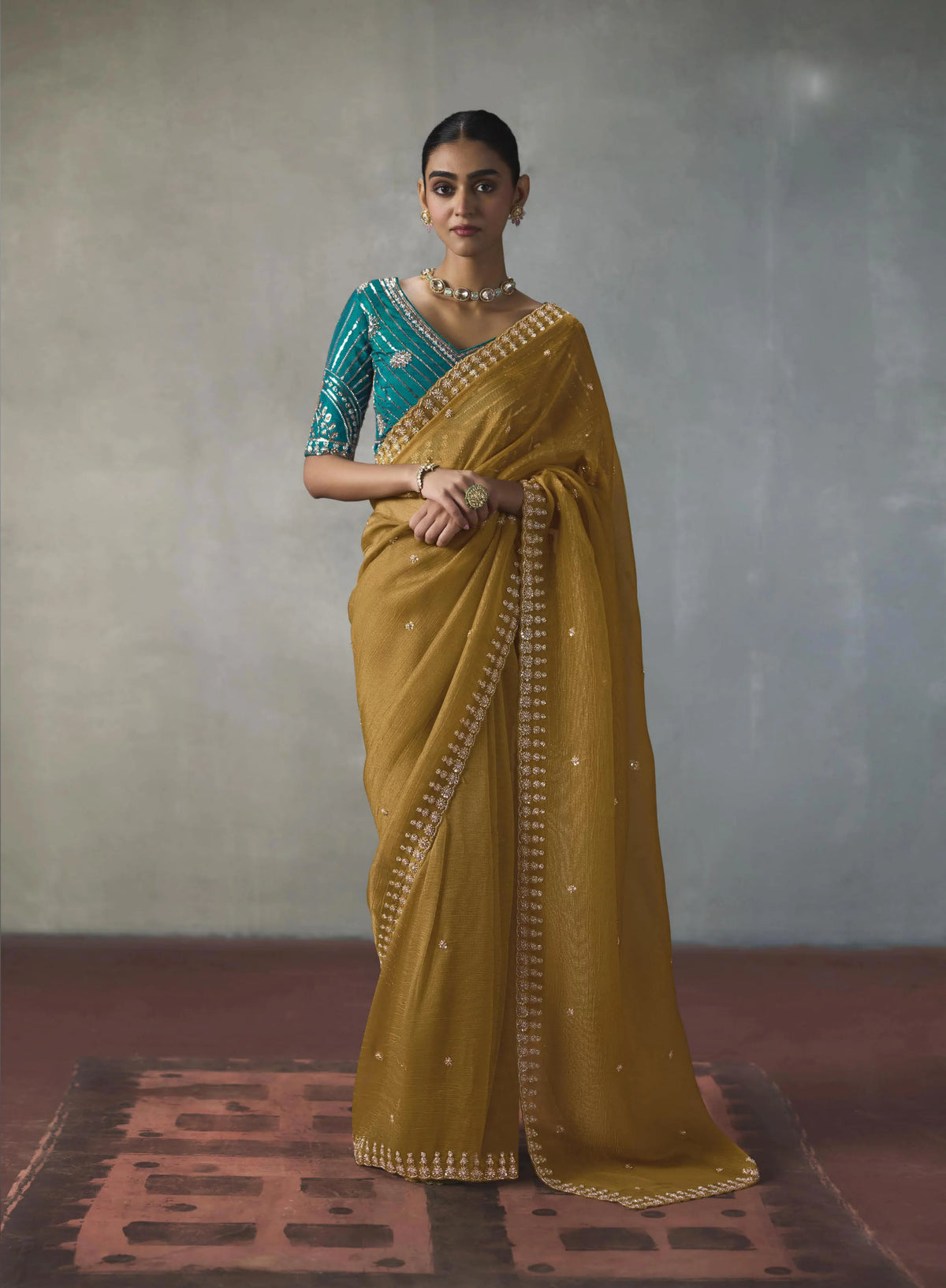 Lightweight Silk Blend Mustard Party Wear Cutdana Work Sarees