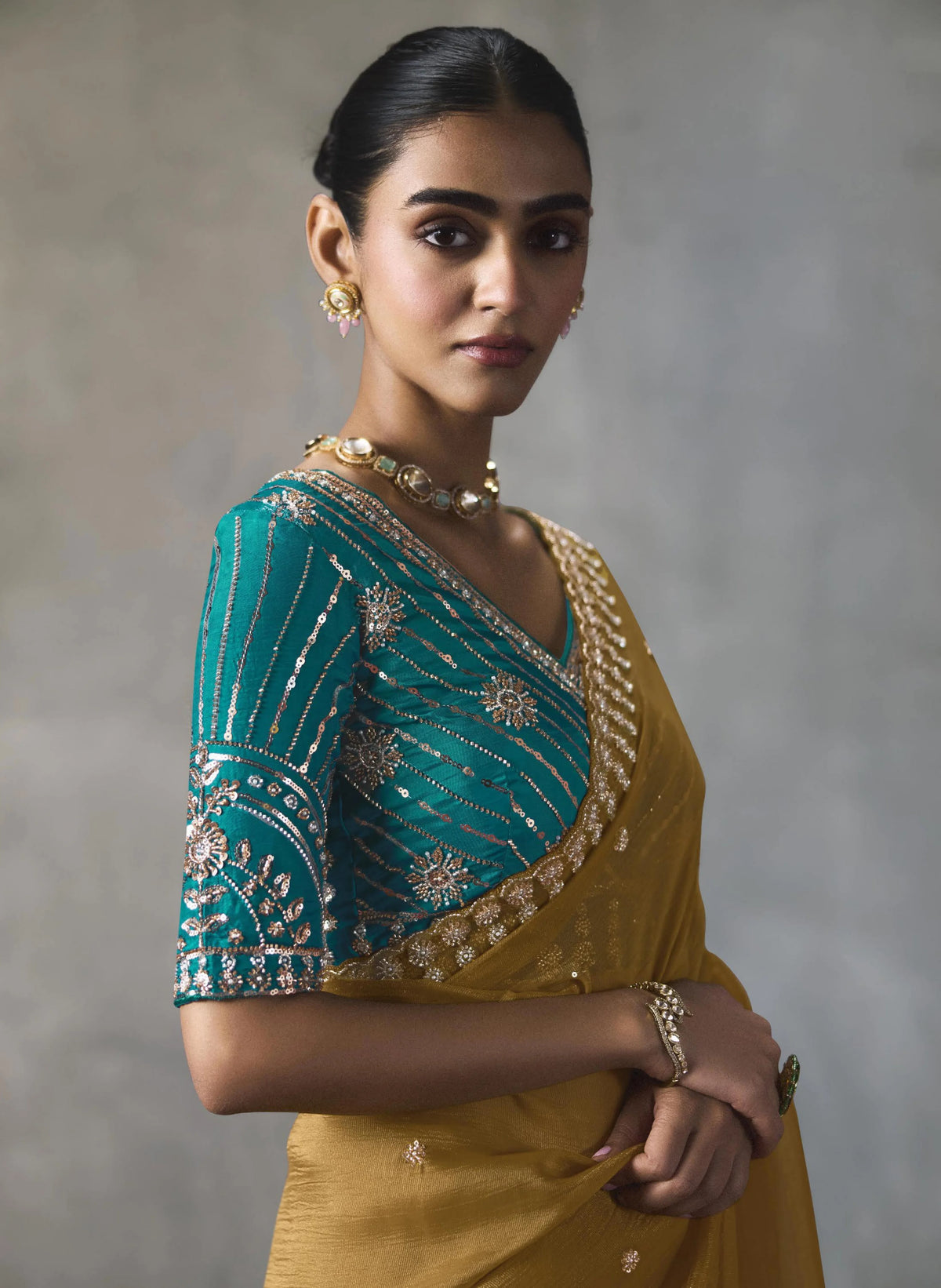 Lightweight Silk Blend Mustard Party Wear Cutdana Work Sarees