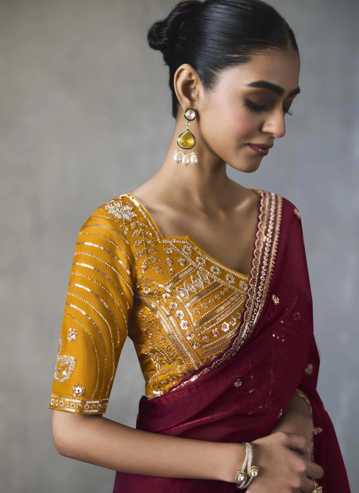 Lightweight Silk Blend Wine Party Wear Cutdana Work Sarees