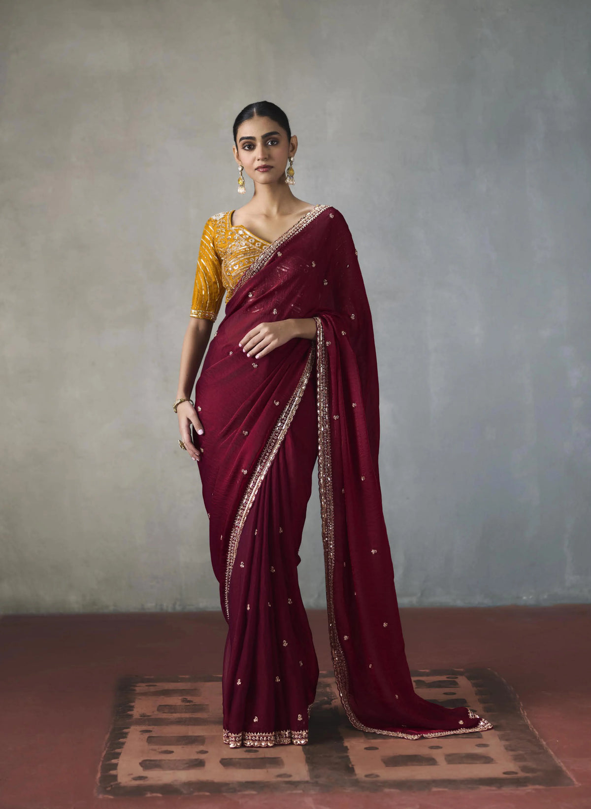 Lightweight Silk Blend Wine Party Wear Cutdana Work Sarees