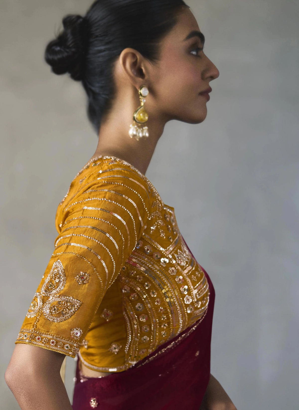 Lightweight Silk Blend Wine Party Wear Cutdana Work Sarees