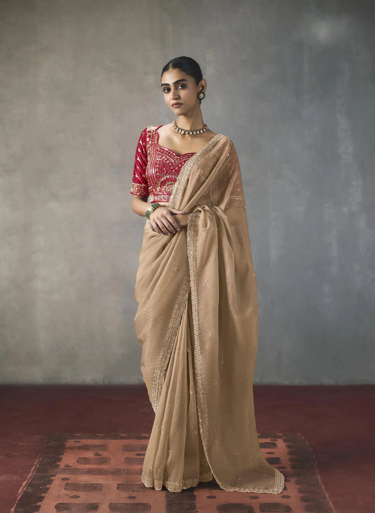Lightweight Silk Blend Beige Party Wear Cutdana Work Sarees