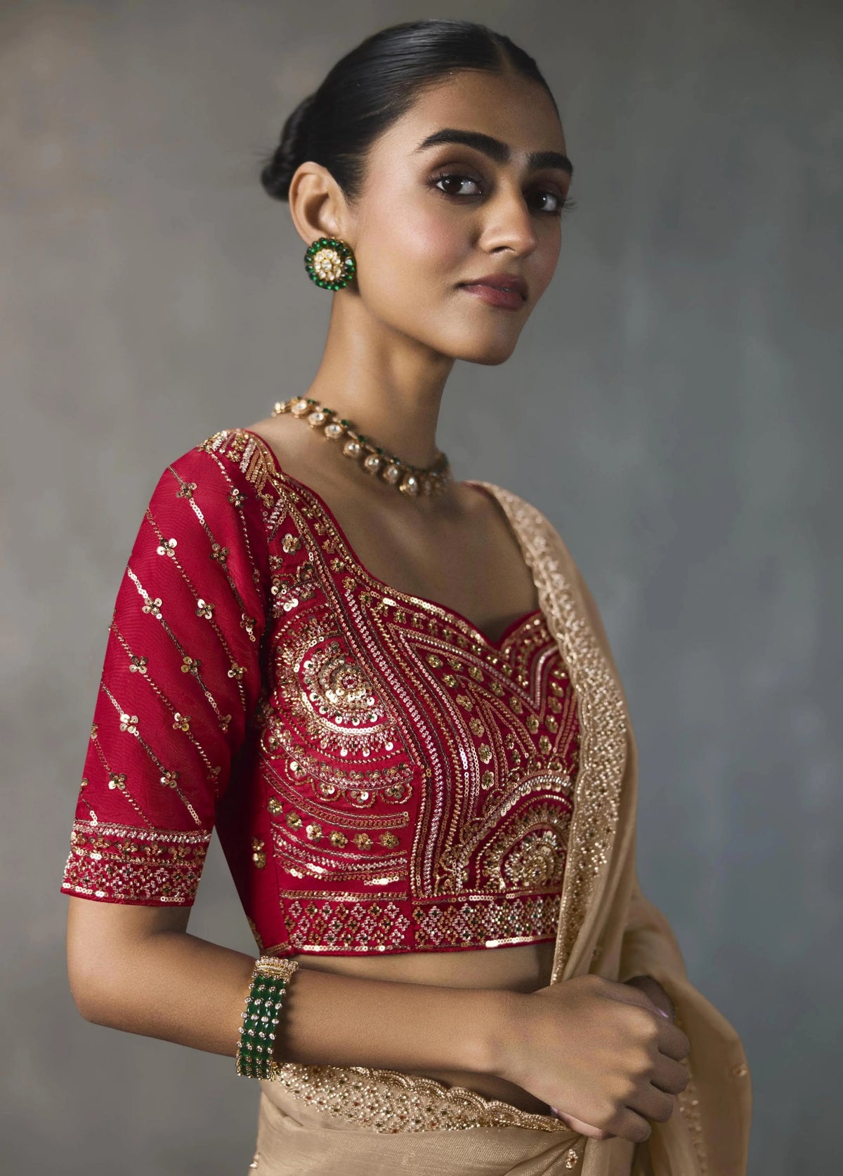 Lightweight Silk Blend Beige Party Wear Cutdana Work Sarees
