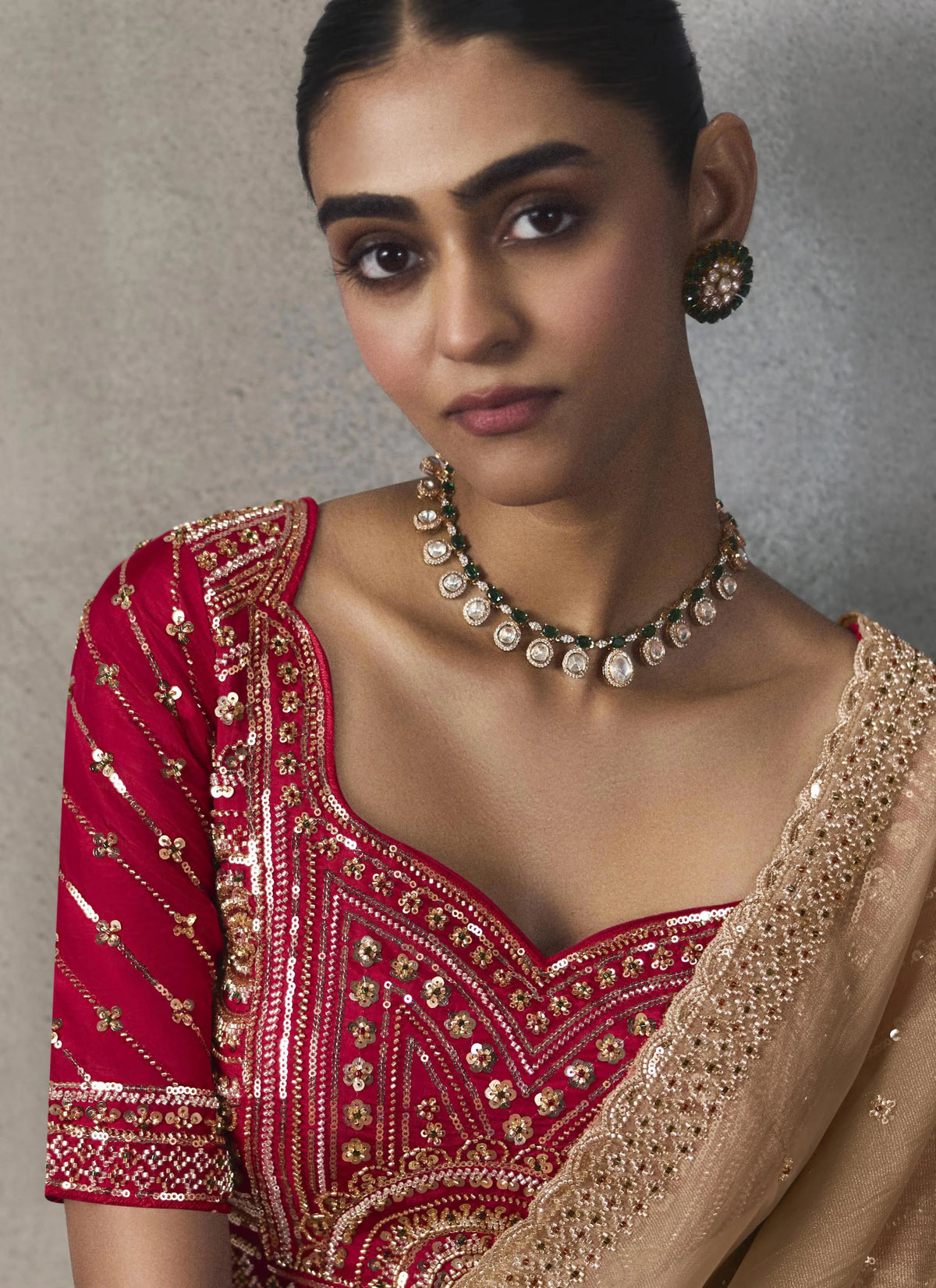 Lightweight Silk Blend Beige Party Wear Cutdana Work Sarees