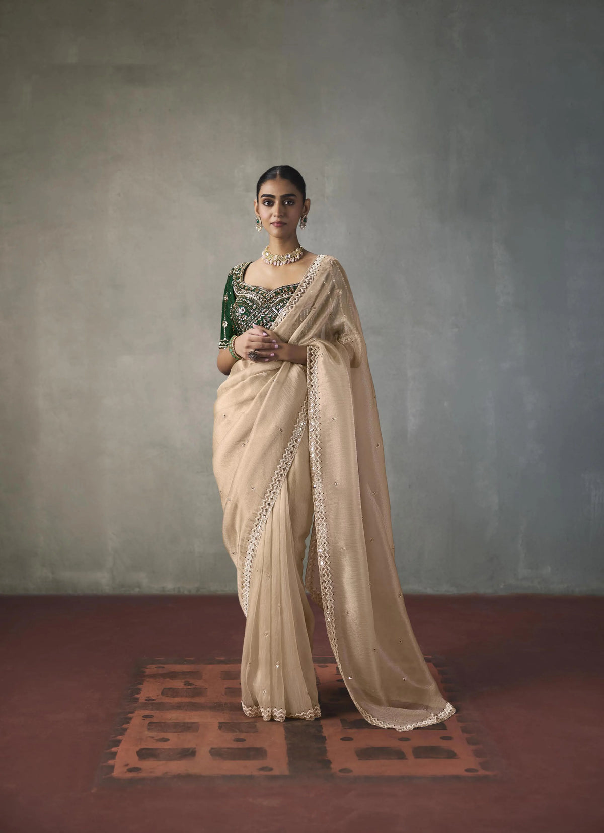 Lightweight Silk Beige Party Wear Cutdana Work Sarees