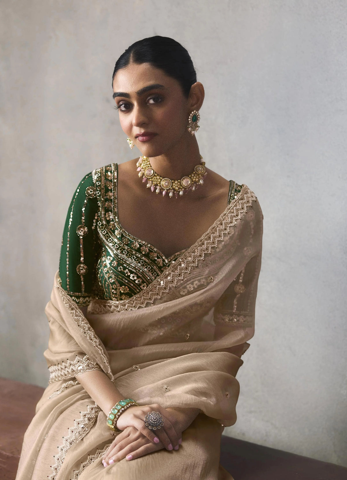 Lightweight Silk Beige Party Wear Cutdana Work Sarees