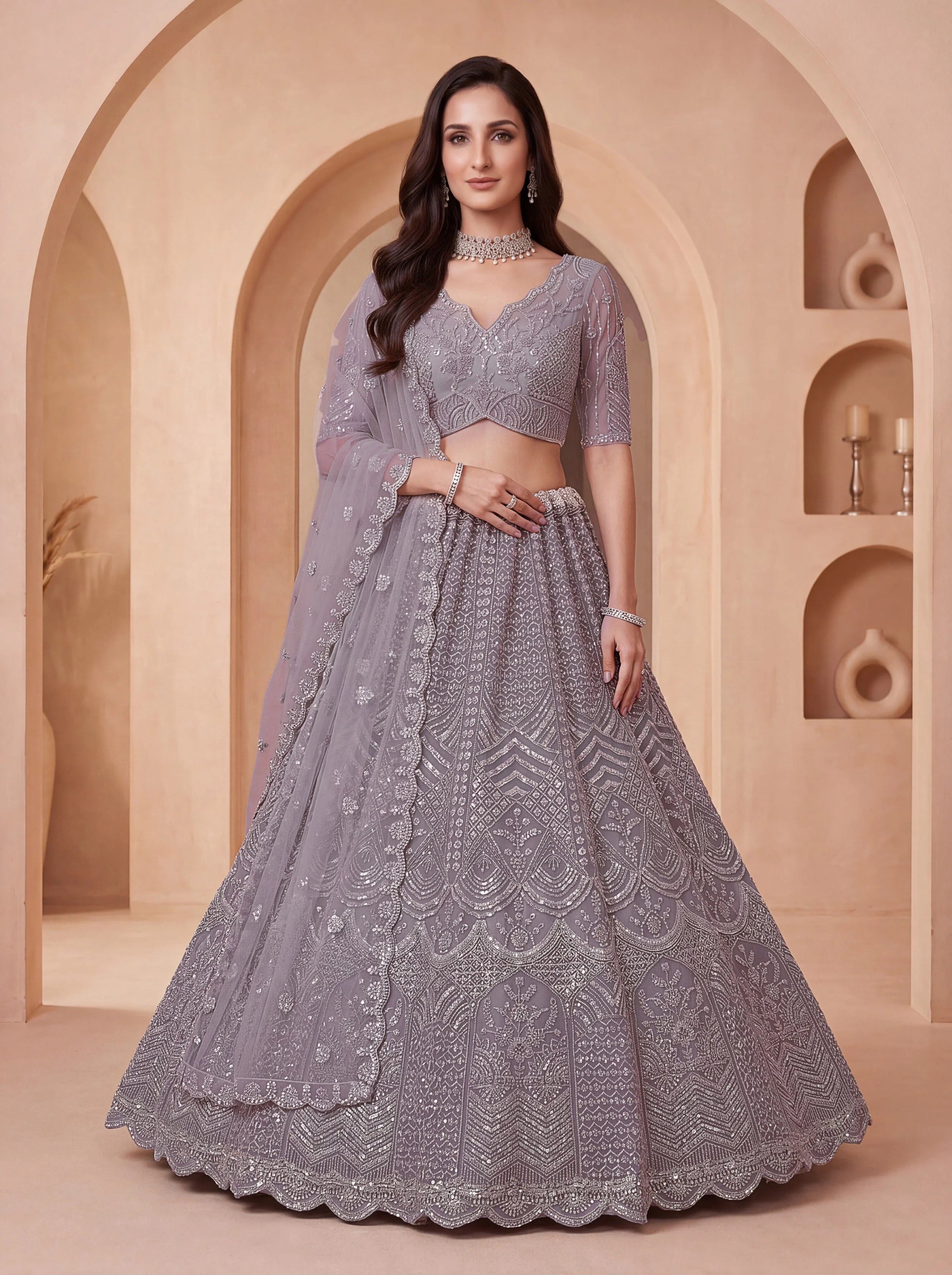 Net Party Wear Lavender With Sequence Work
