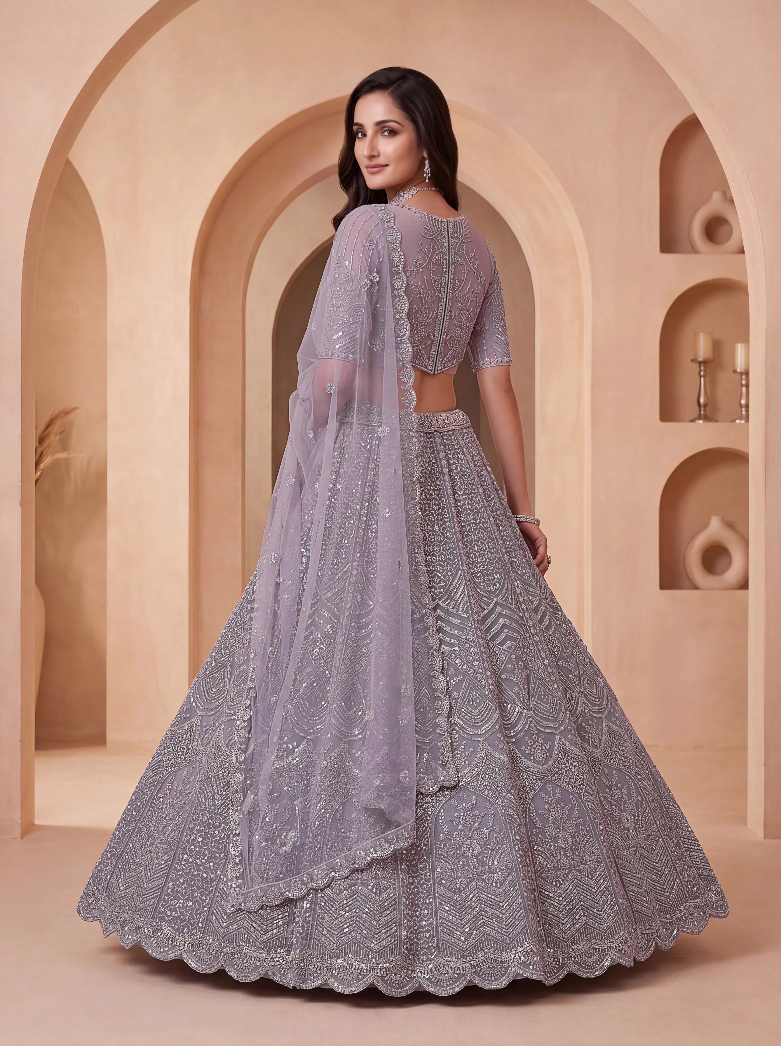 Net Party Wear Lavender With Sequence Work