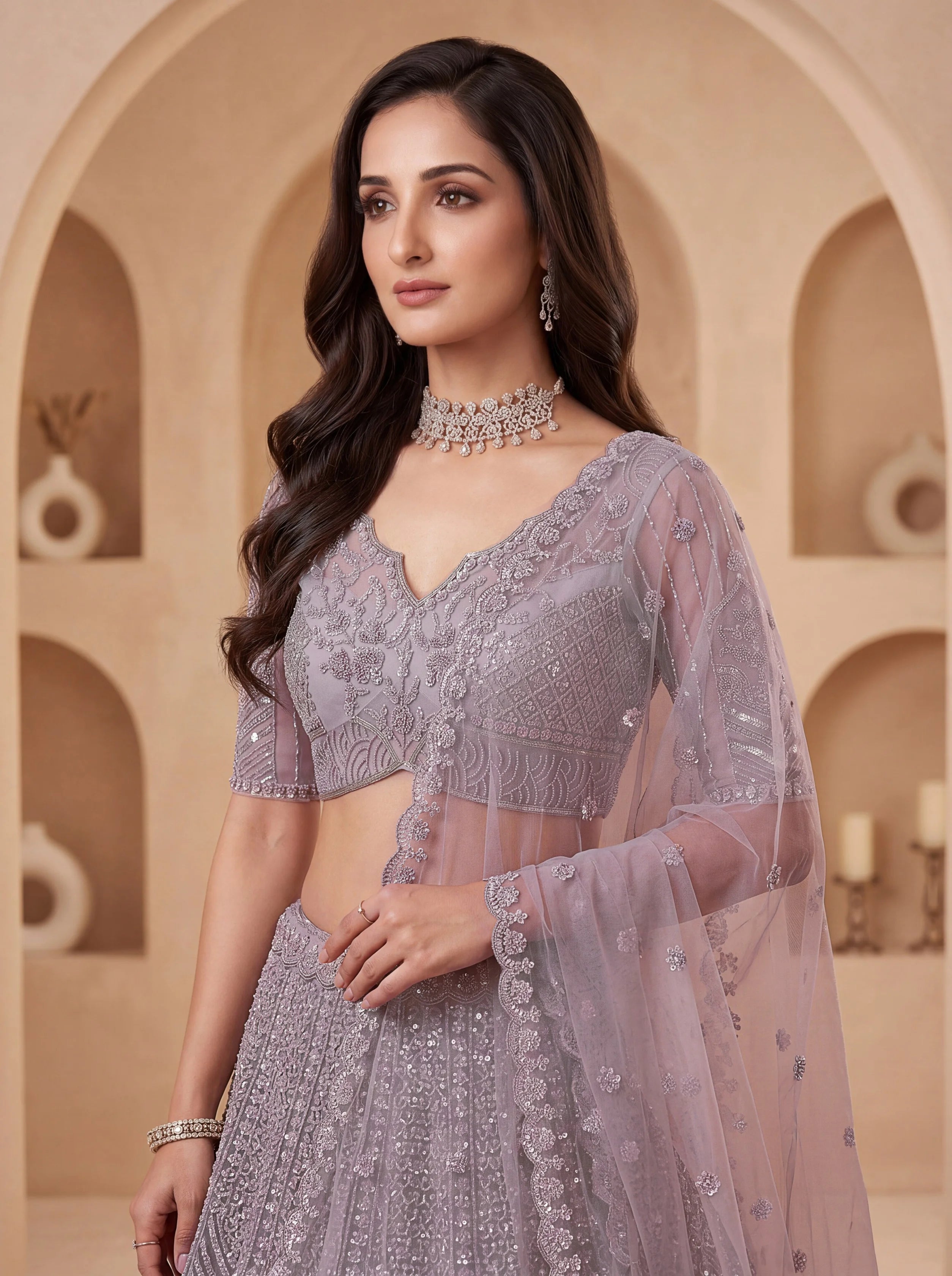Net Party Wear Lavender With Sequence Work