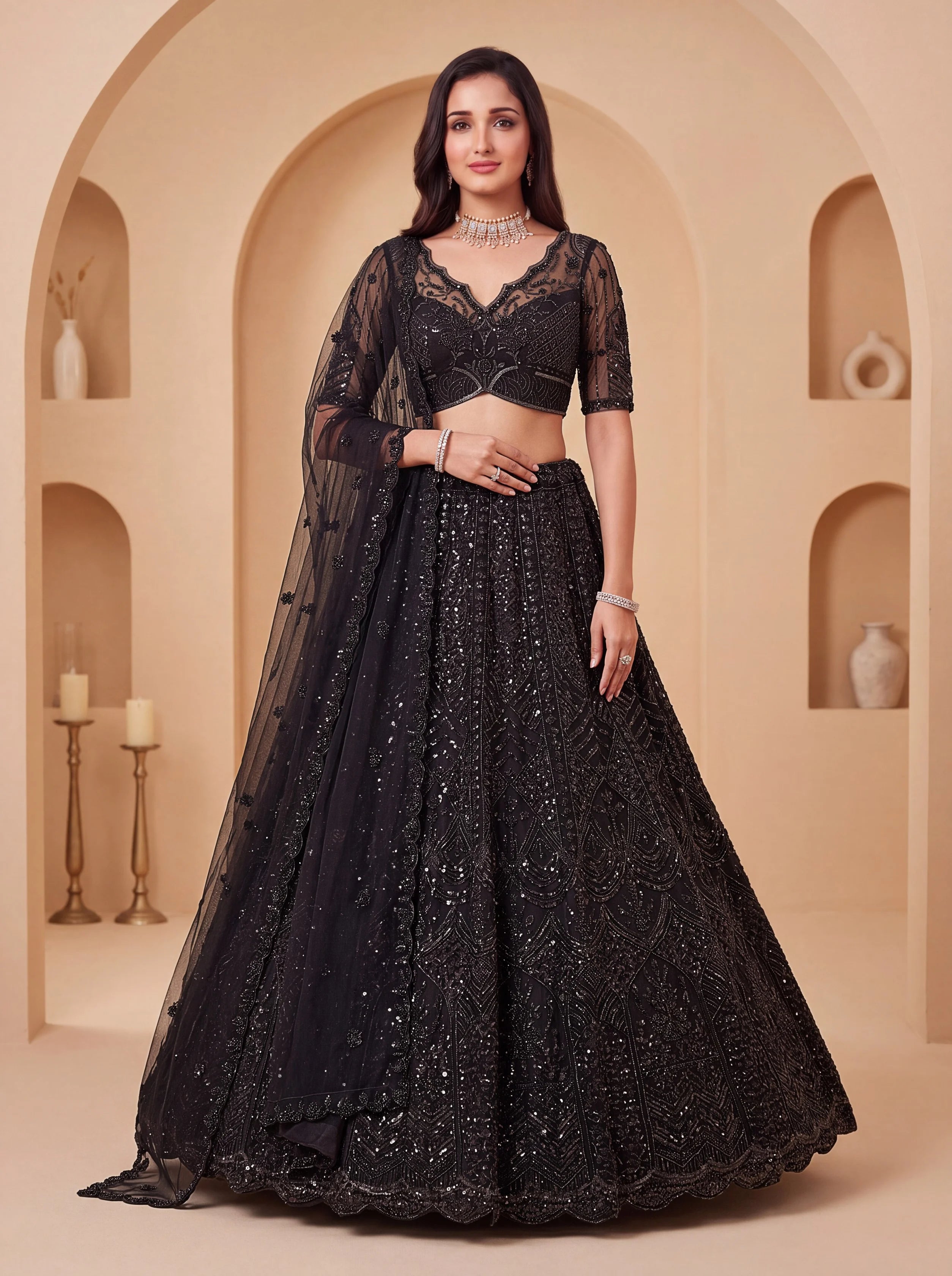 Net Party Wear Black With Sequence Work