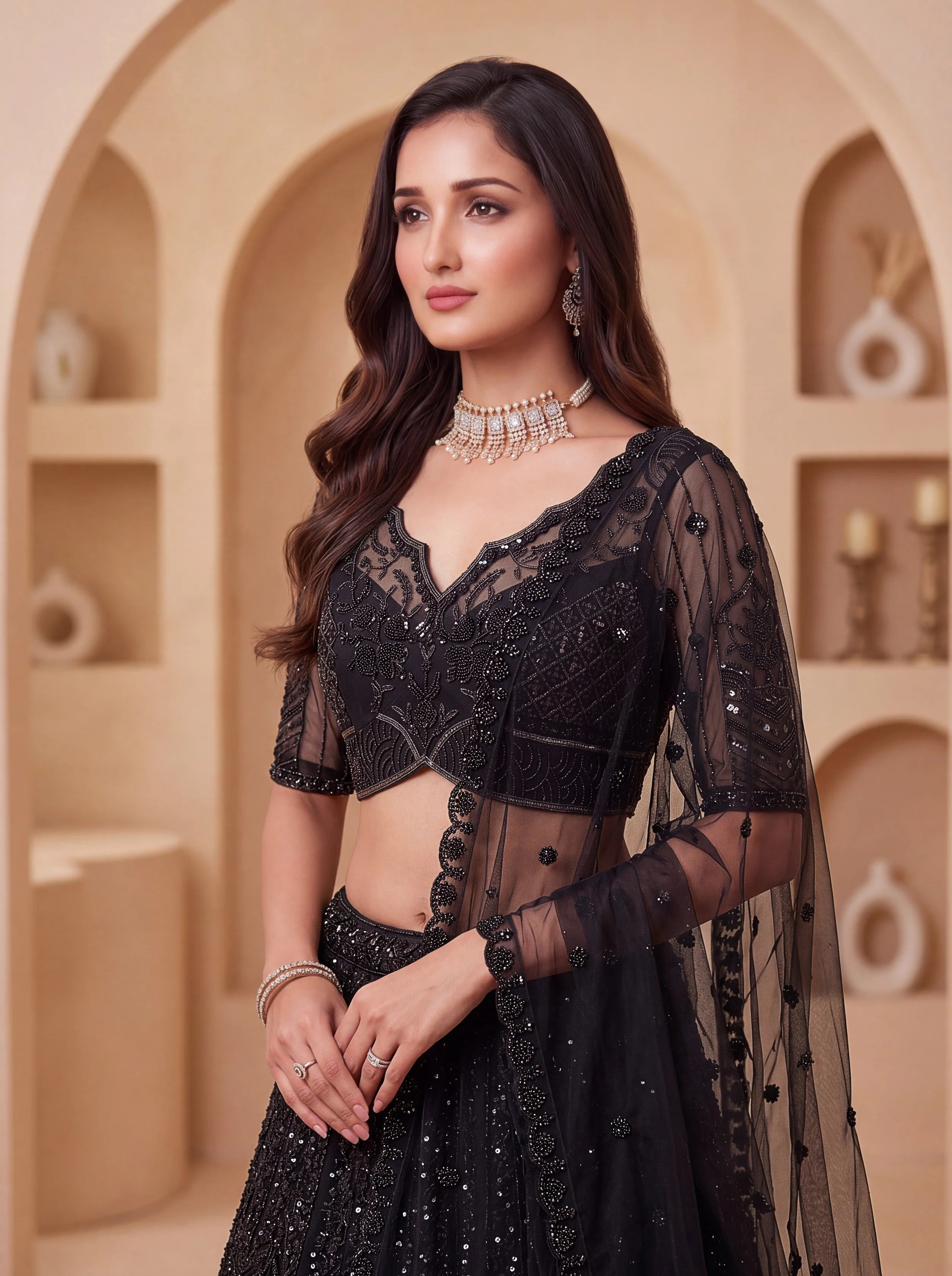 Net Party Wear Black With Sequence Work