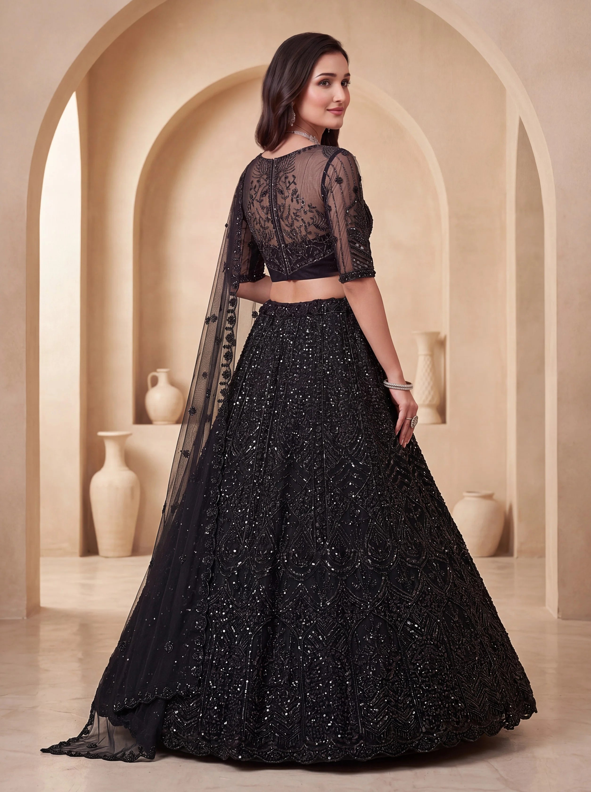 Net Party Wear Black With Sequence Work