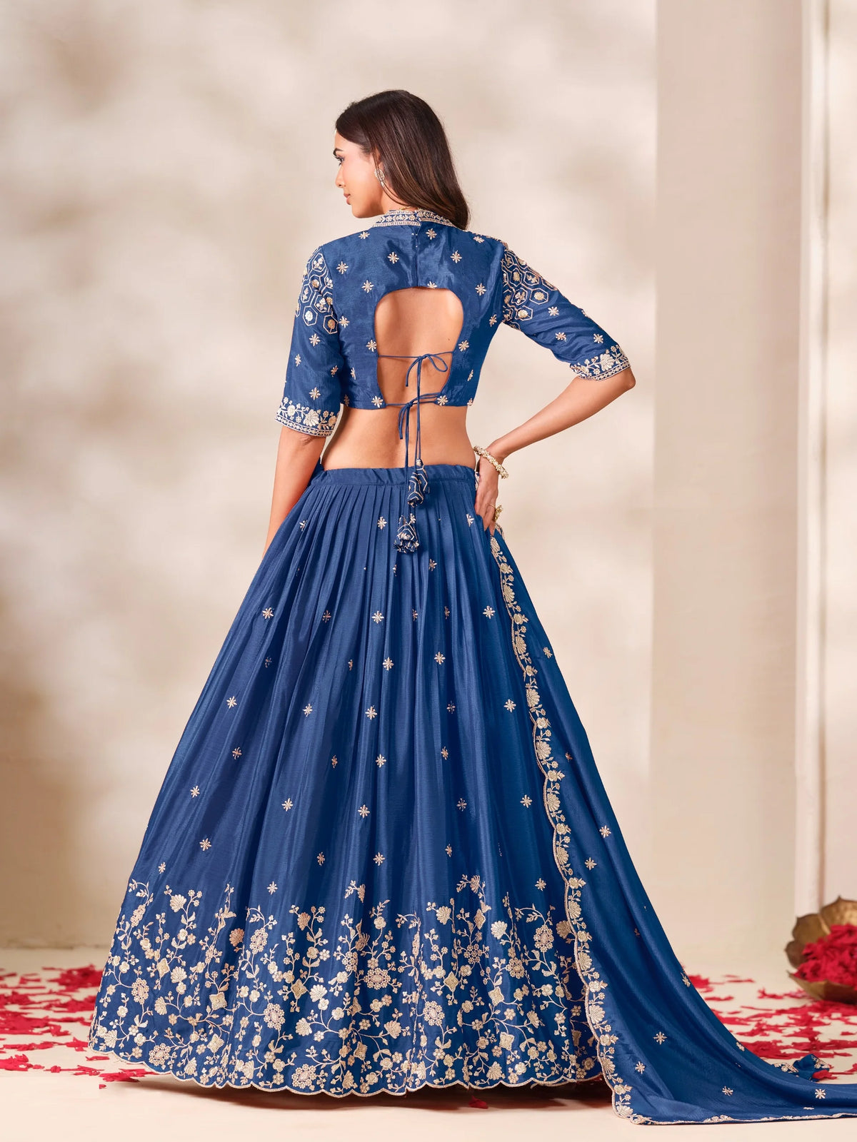 Chinon Silk Party Wear Blue With Heavy Work Lehenga