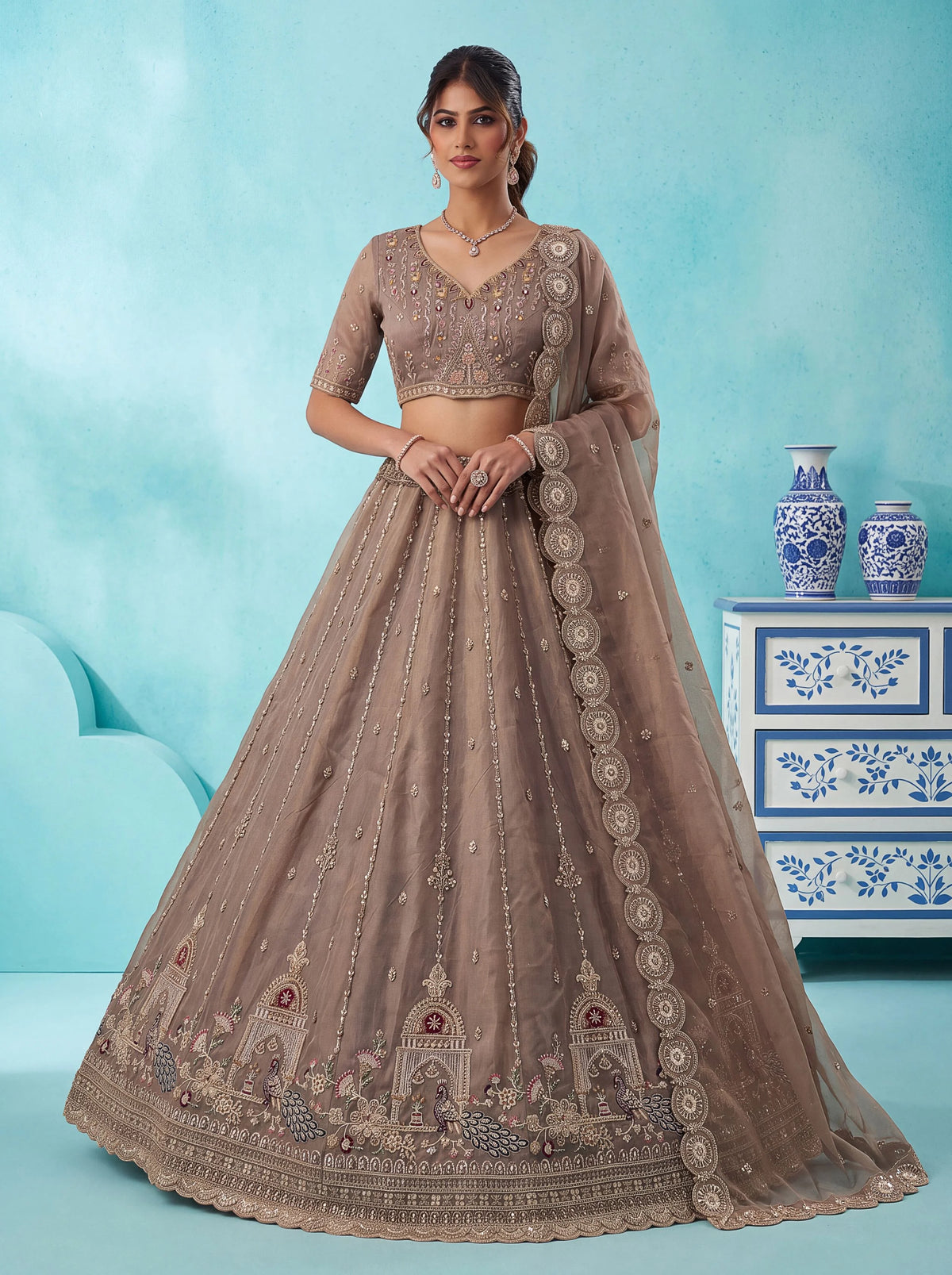 Chandnia Silk Brown Reception Wear Crystal Beads Work Lehengas
