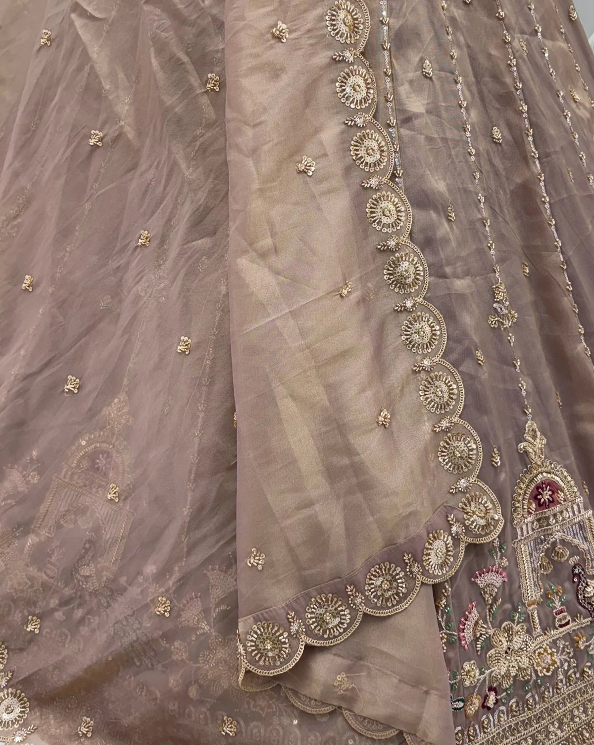 Chandnia Silk Brown Reception Wear Crystal Beads Work Lehengas
