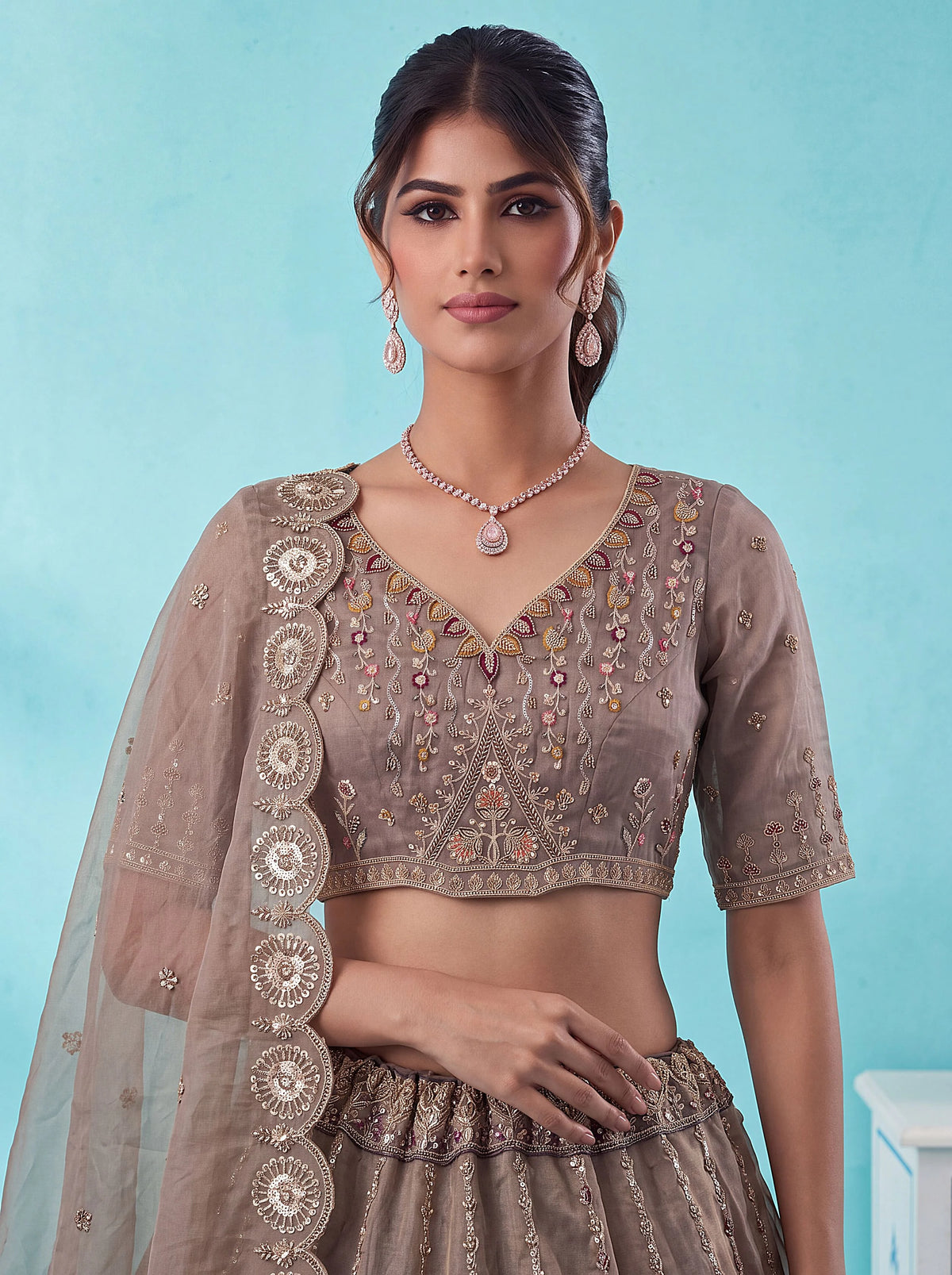 Chandnia Silk Brown Reception Wear Crystal Beads Work Lehengas
