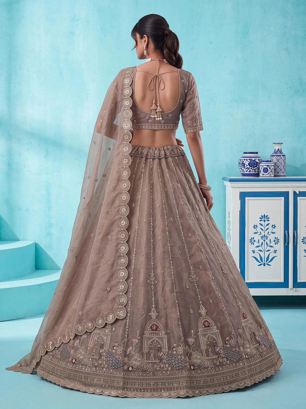 Chandnia Silk Brown Reception Wear Crystal Beads Work Lehengas