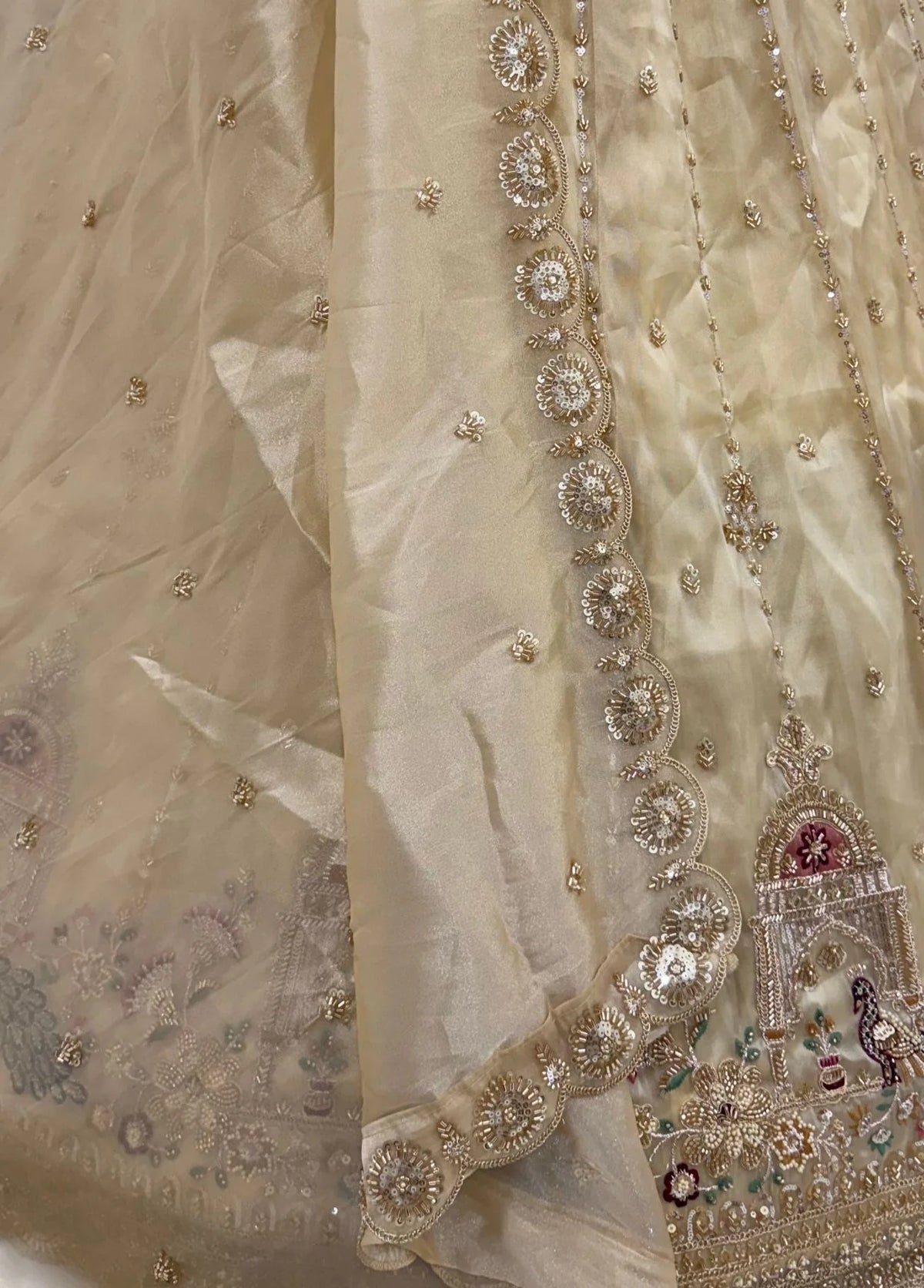 Chandnia Silk Beige Reception Wear Crystal Beads Work Lehengas