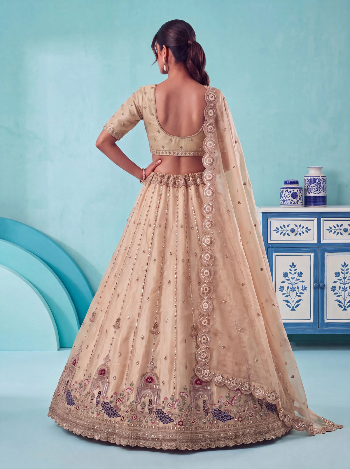 Chandnia Silk Beige Reception Wear Crystal Beads Work Lehengas