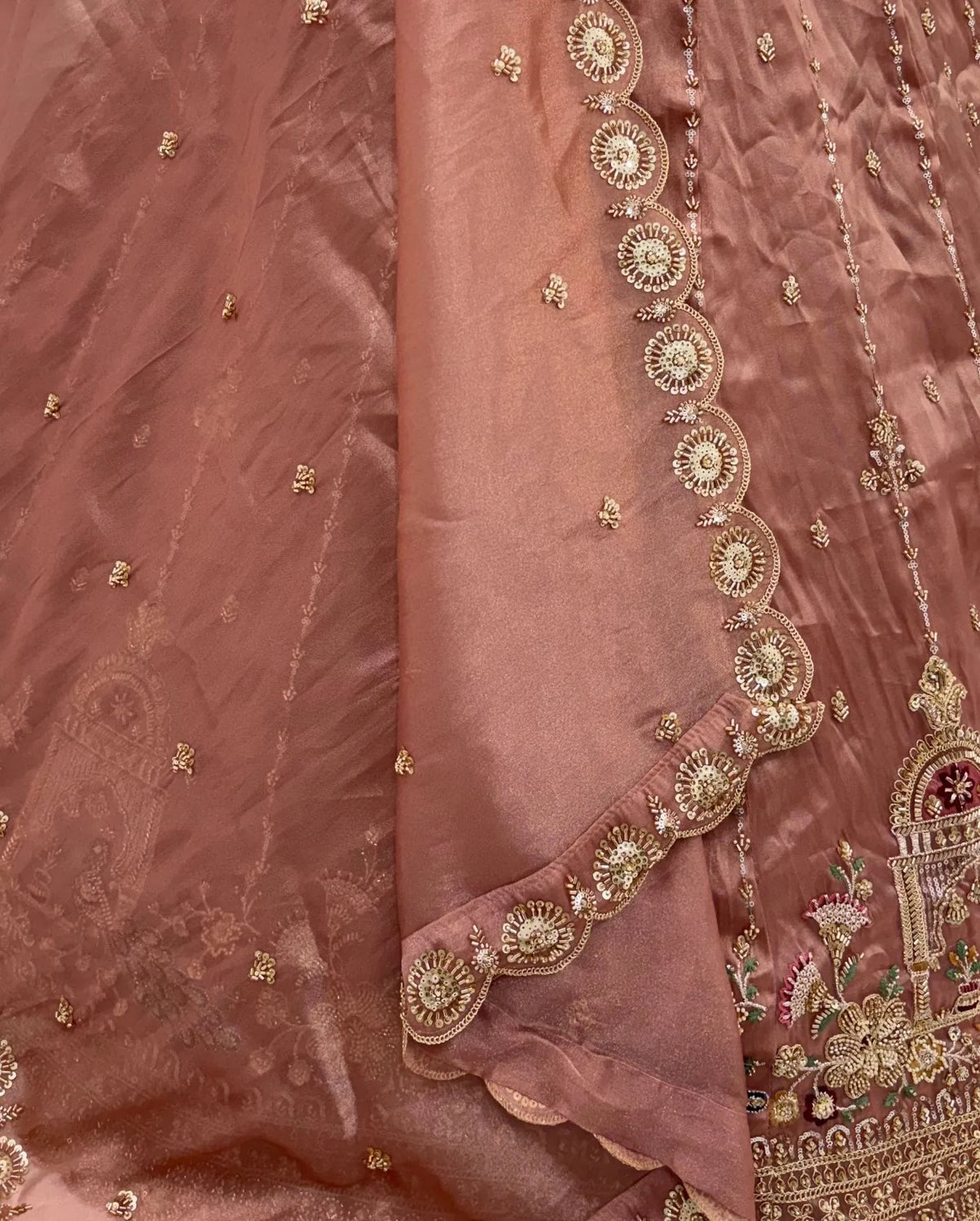 Chandnia Silk Pink Reception Wear Crystal Beads Work Lehengas