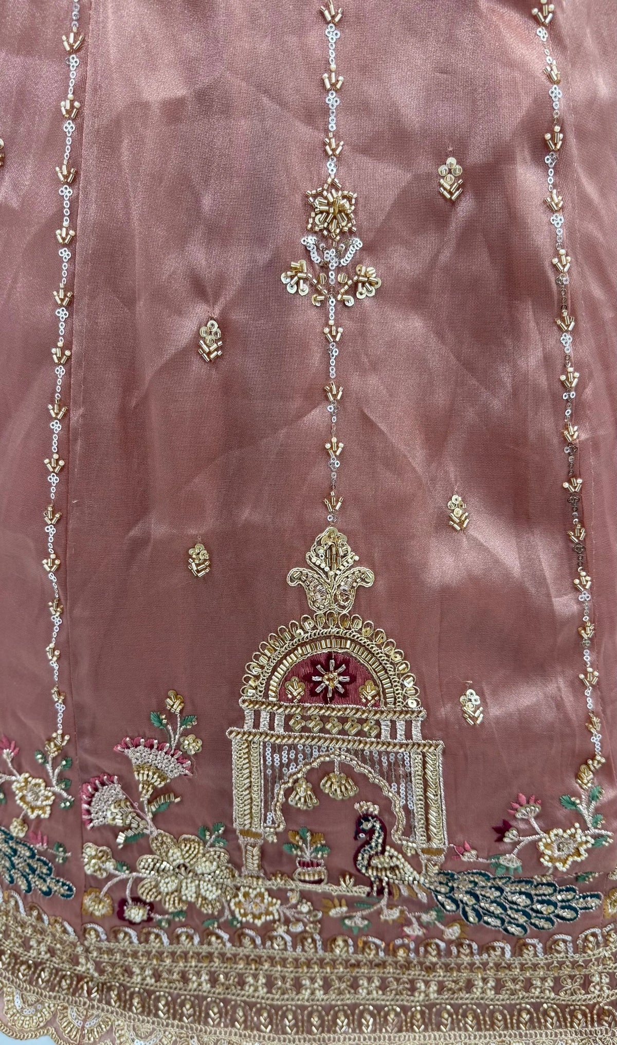 Chandnia Silk Pink Reception Wear Crystal Beads Work Lehengas