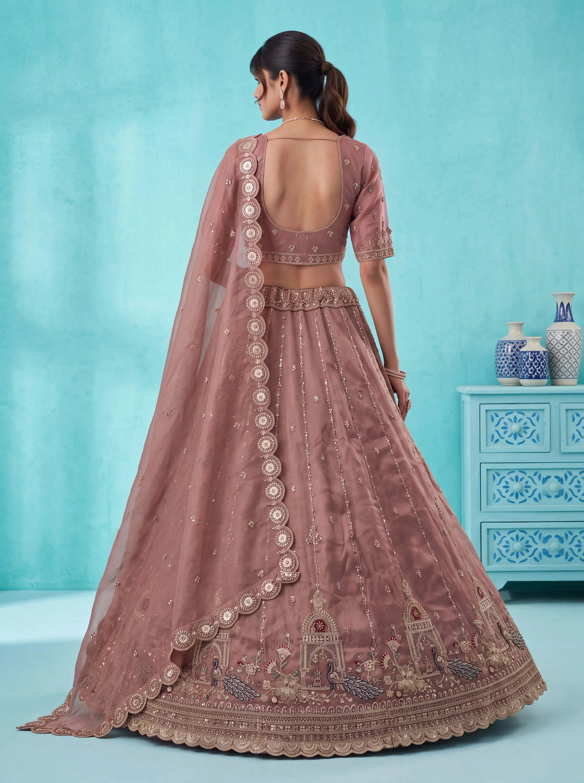 Chandnia Silk Pink Reception Wear Crystal Beads Work Lehengas