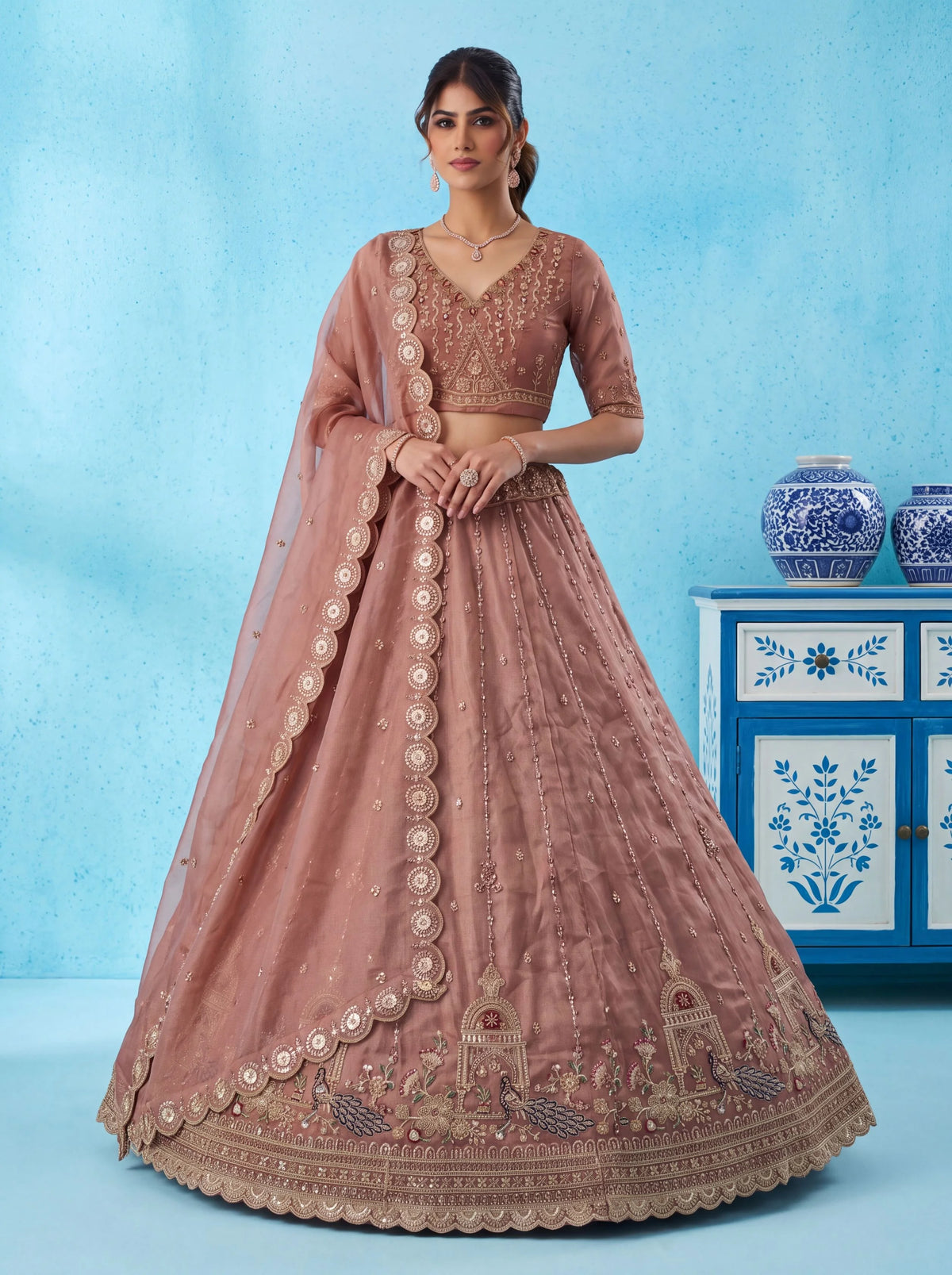 Chandnia Silk Pink Reception Wear Crystal Beads Work Lehengas