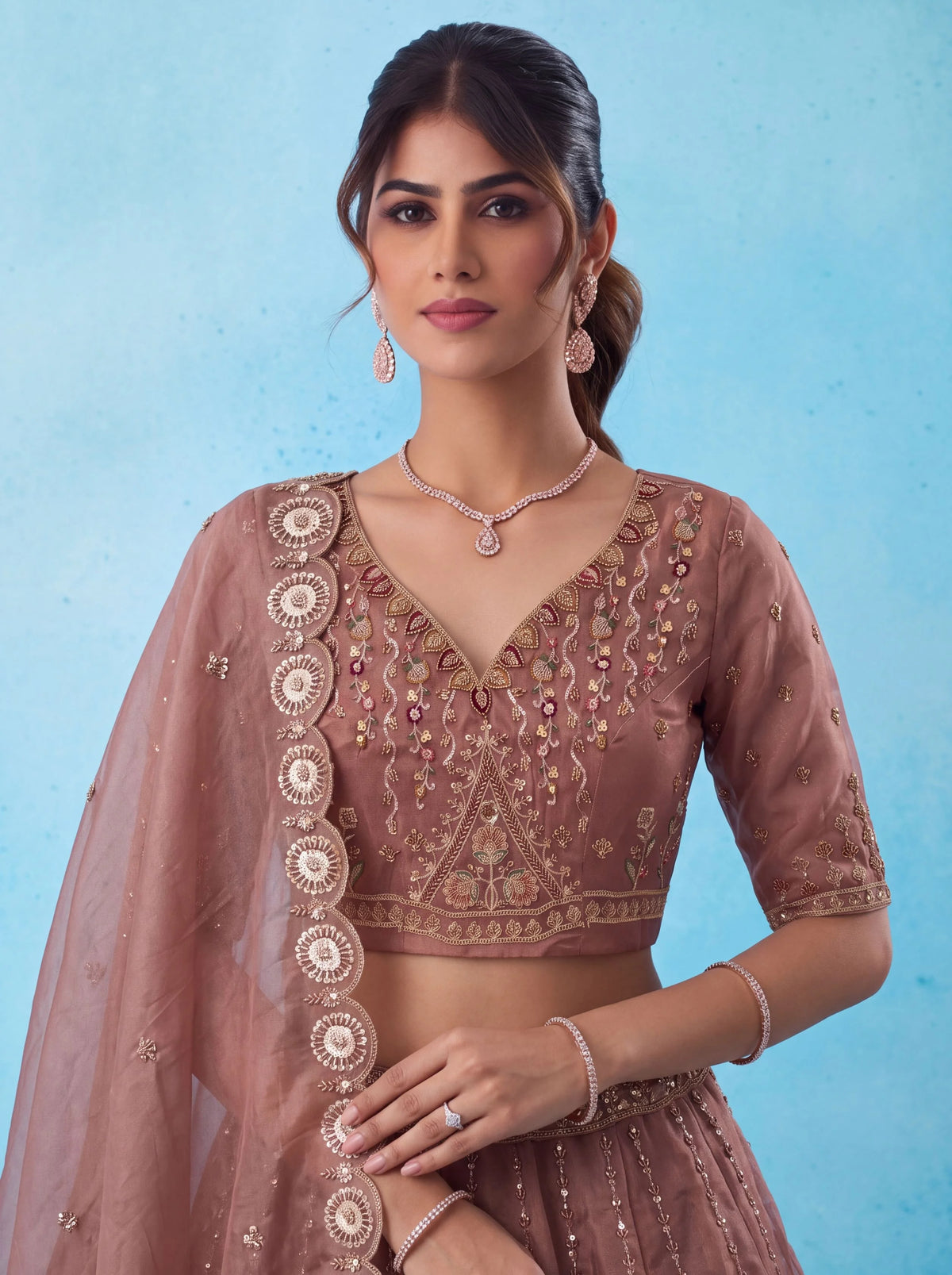 Chandnia Silk Pink Reception Wear Crystal Beads Work Lehengas