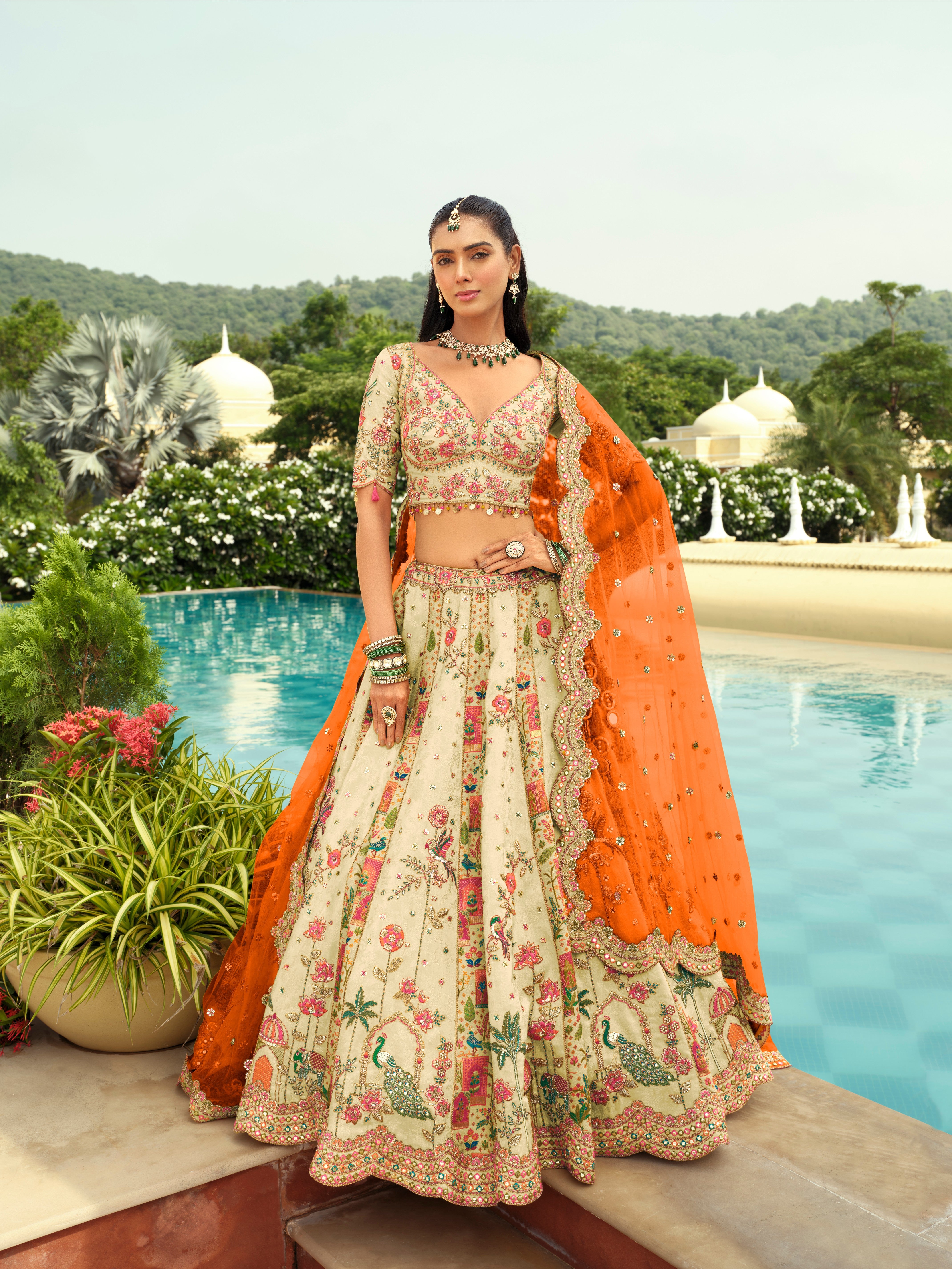 Cream Silk Heavy Embroidery Work Lehenga