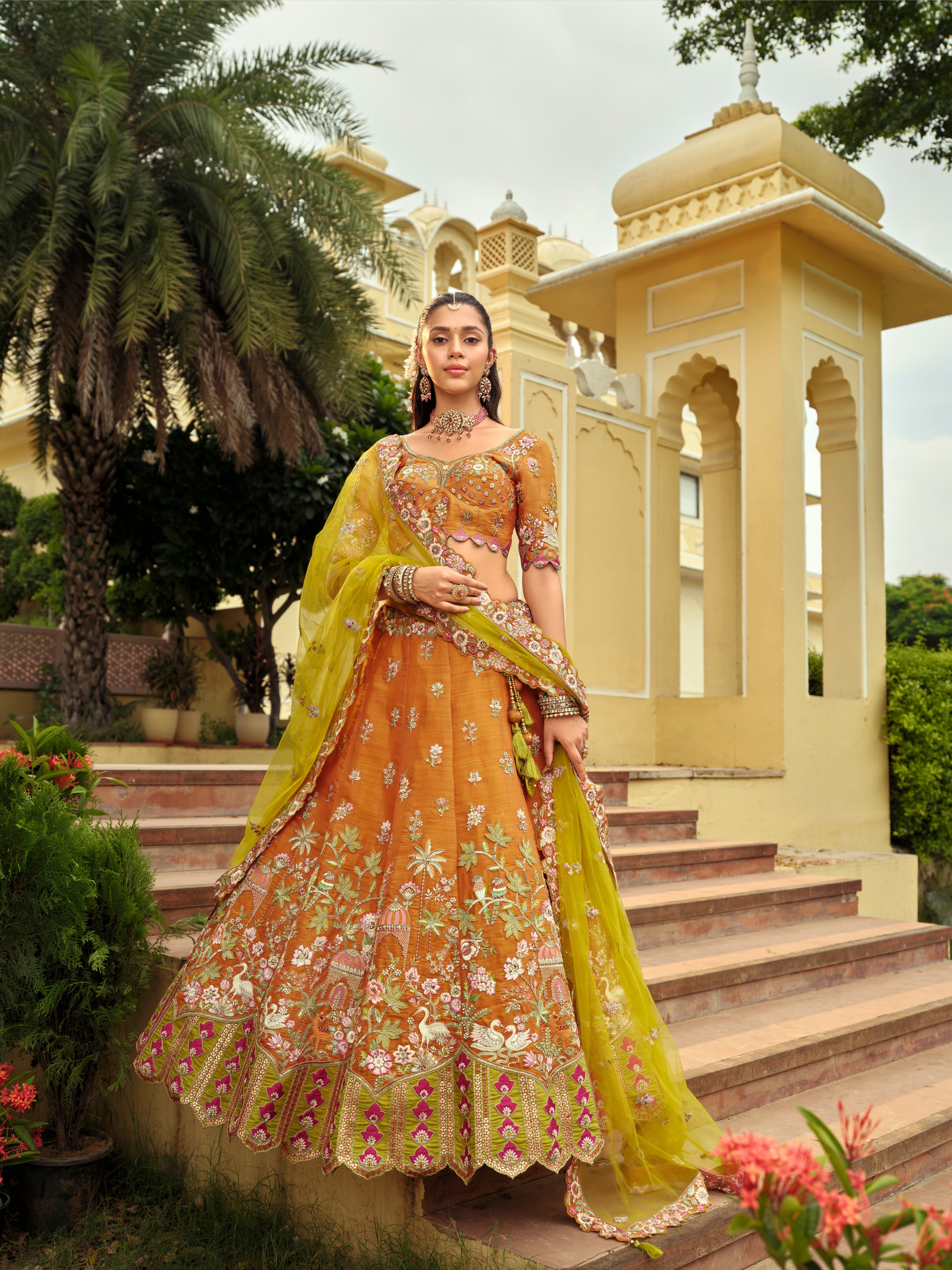 Orange Silk Heavy Embroidery Work Lehenga