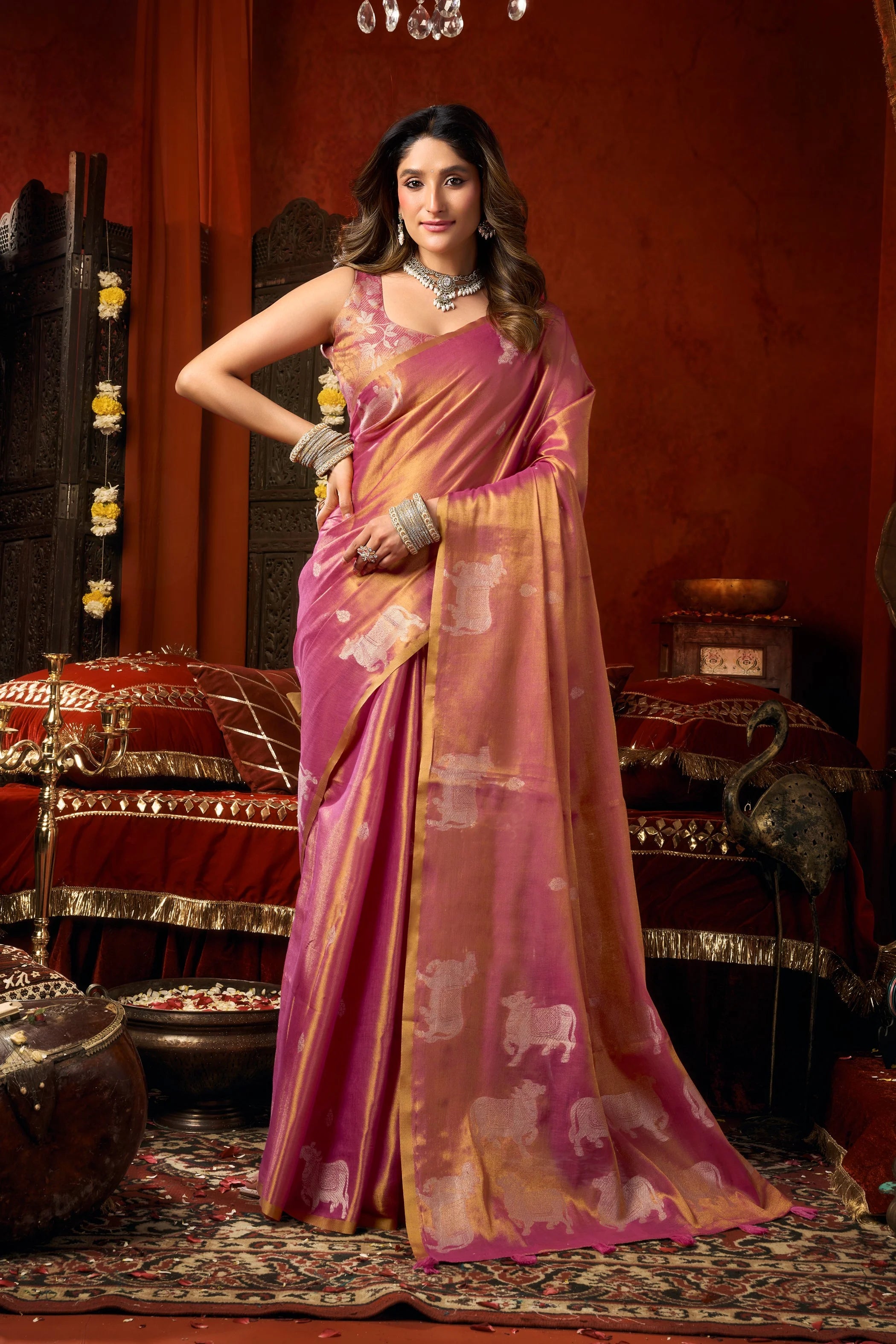 Tissue Cow Butta Festival Wear Rose Pink With Tassels