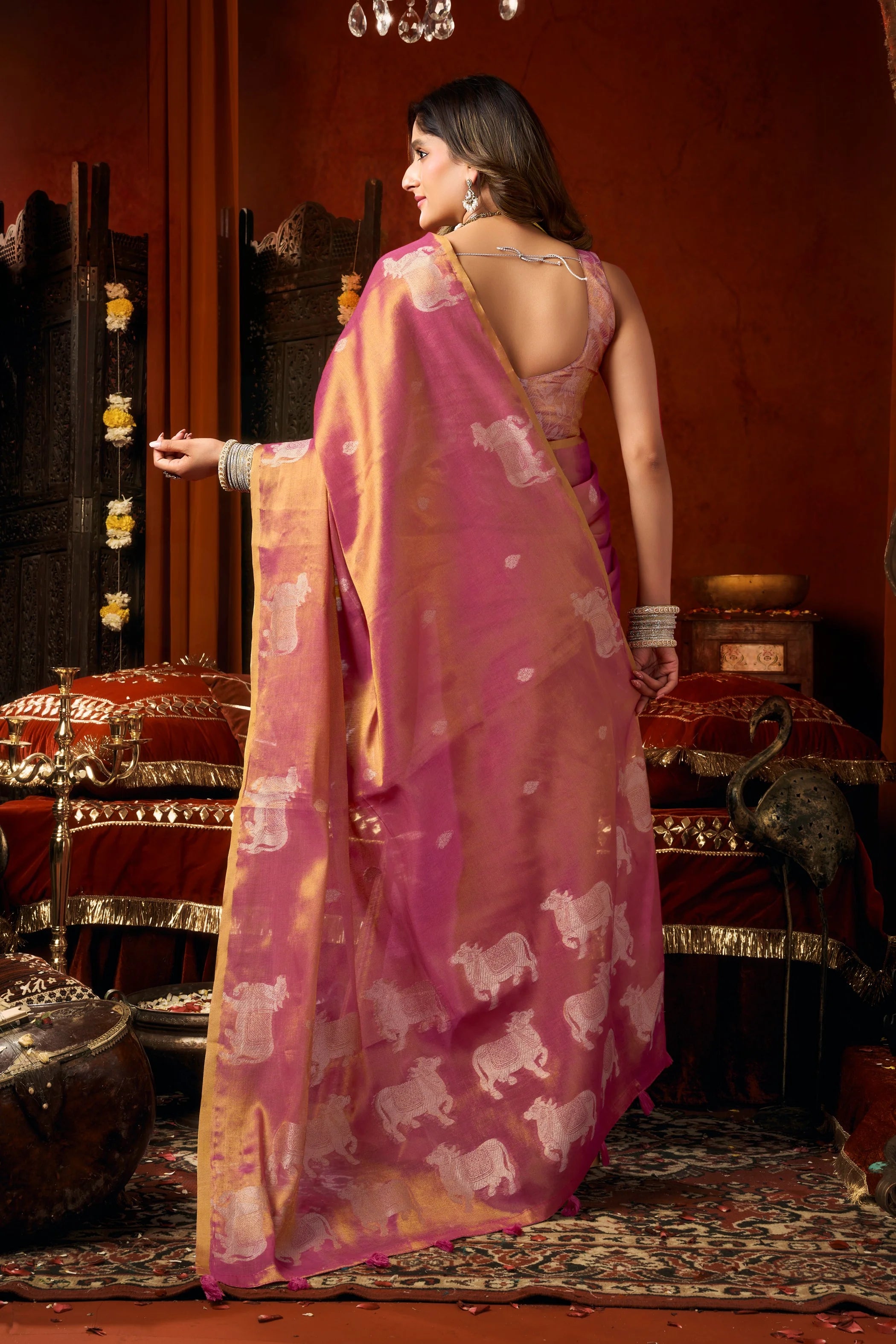 Tissue Cow Butta Festival Wear Rose Pink With Tassels