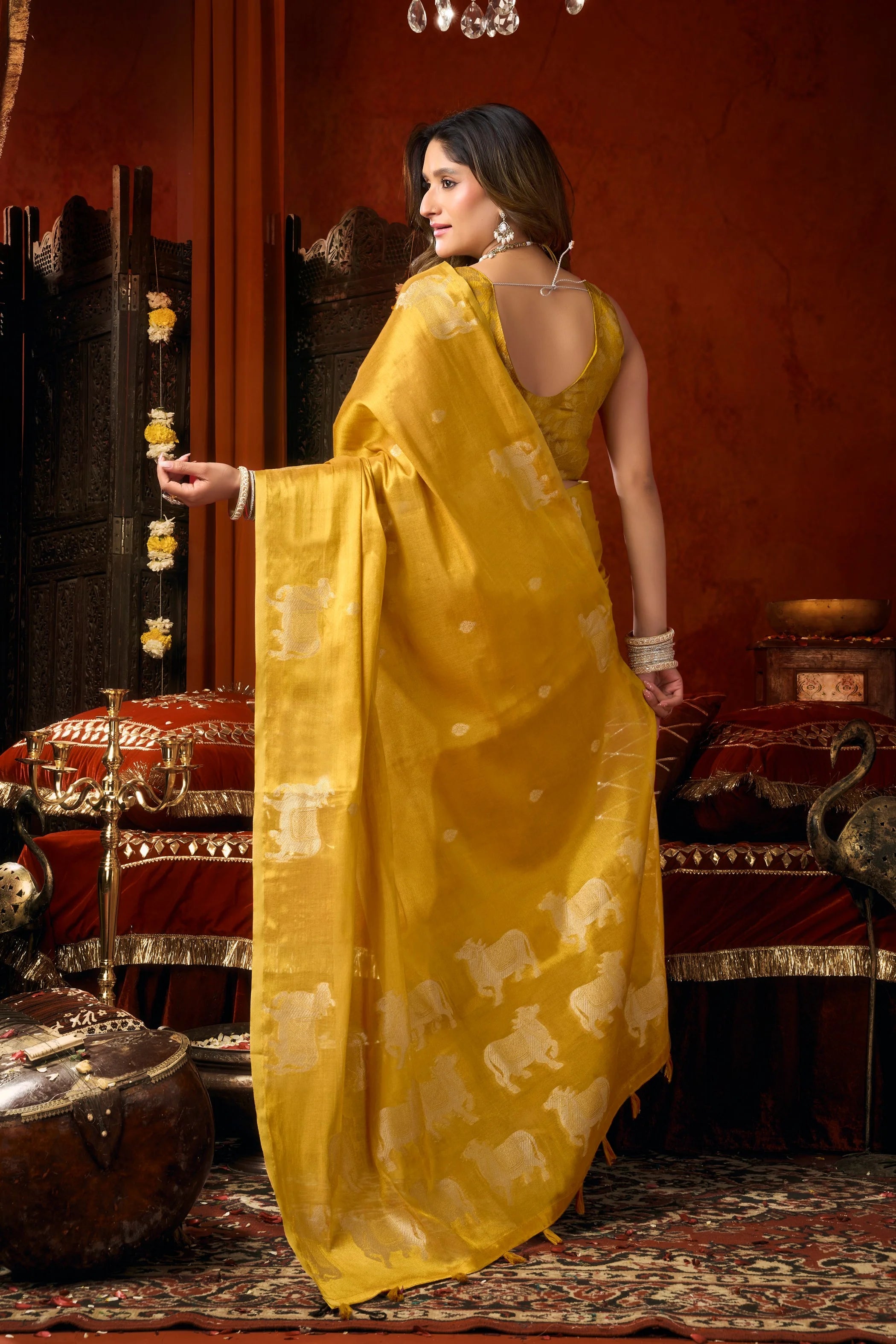 Tissue Cow Butta Festival Wear Mustard With Tassels