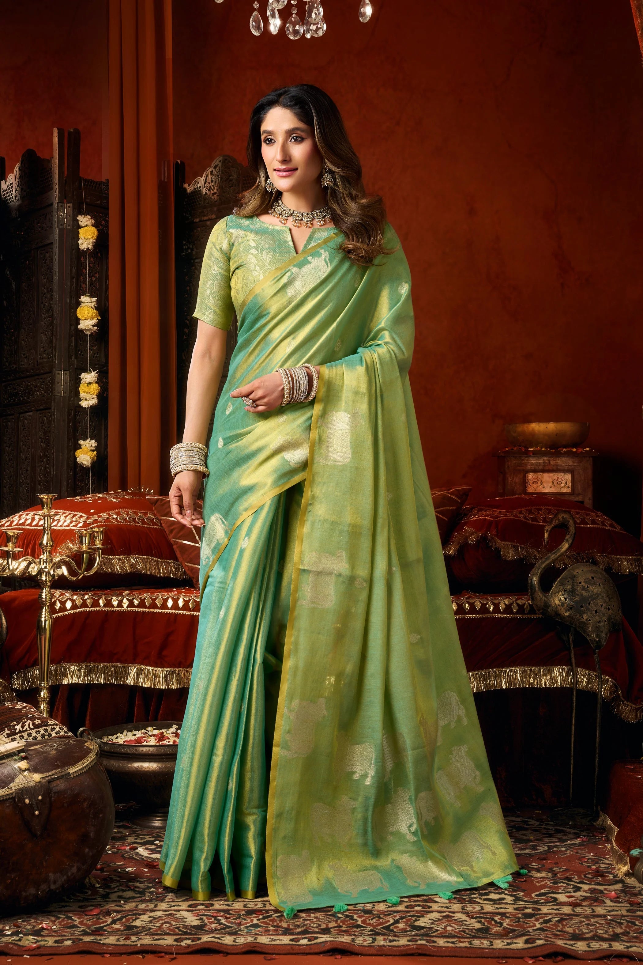 Tissue Cow Butta Festival Wear Green With Tassels