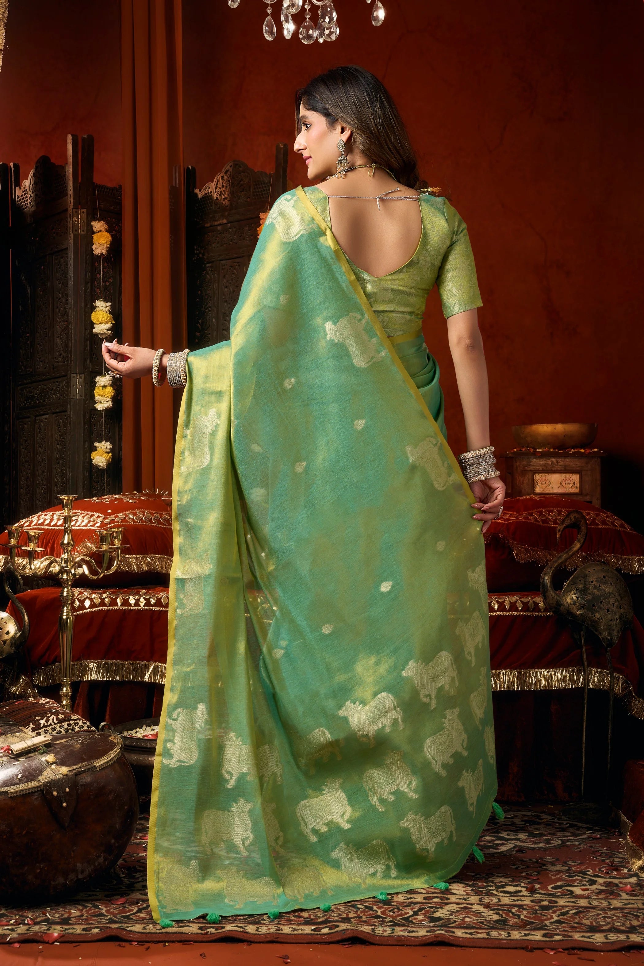 Tissue Cow Butta Festival Wear Green With Tassels