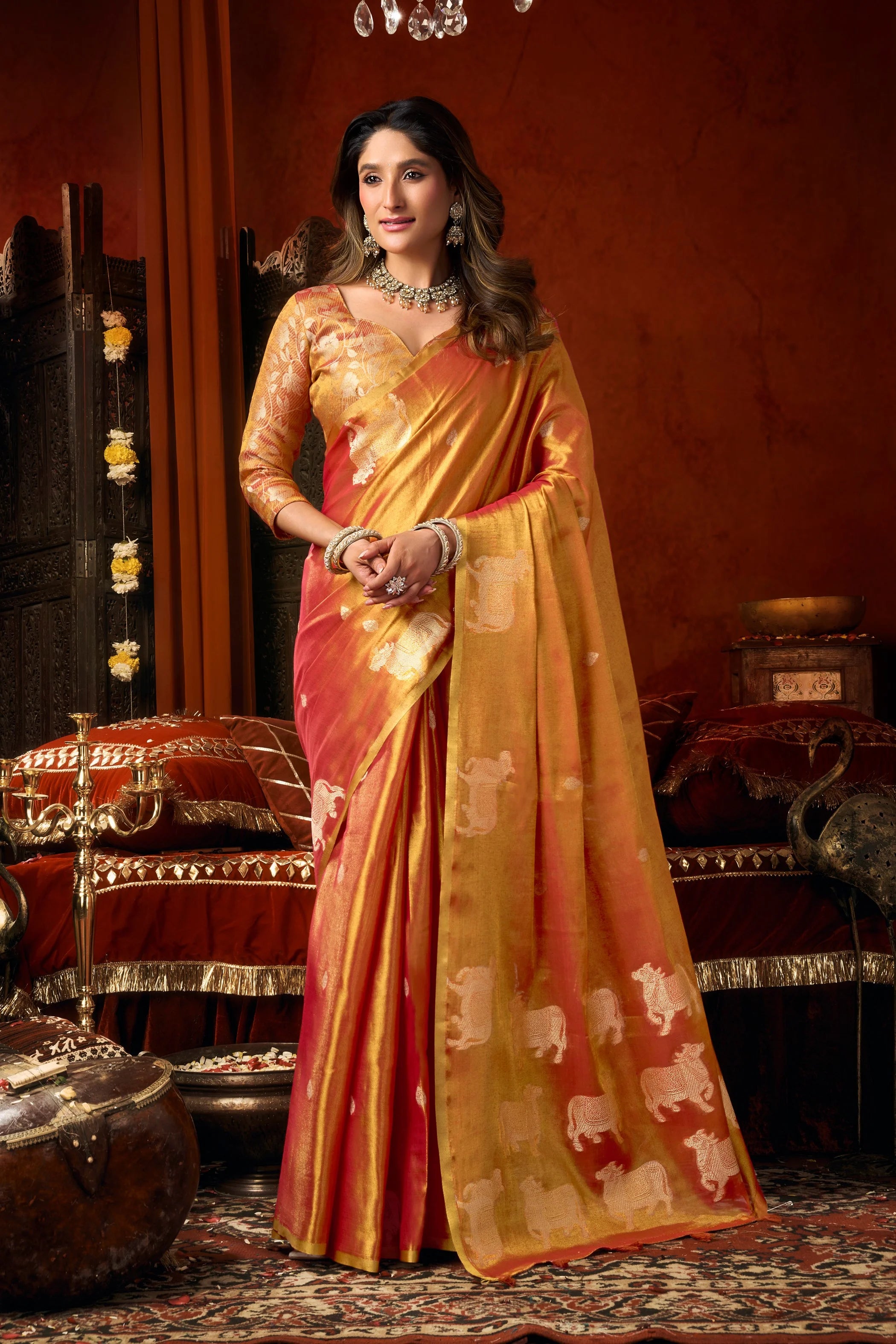 Tissue Cow Butta Festival Wear Orange With Tassels