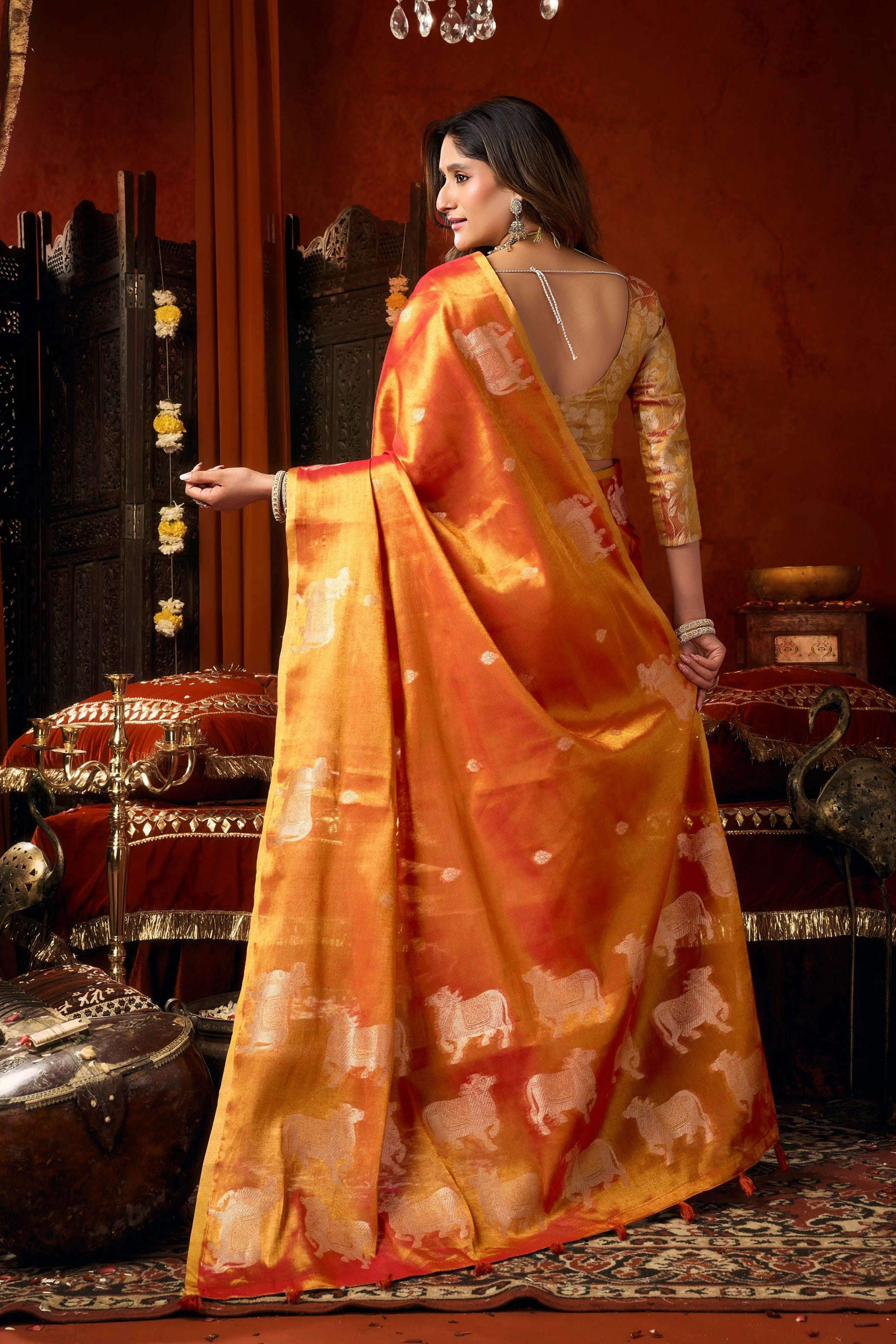 Tissue Cow Butta Festival Wear Orange With Tassels