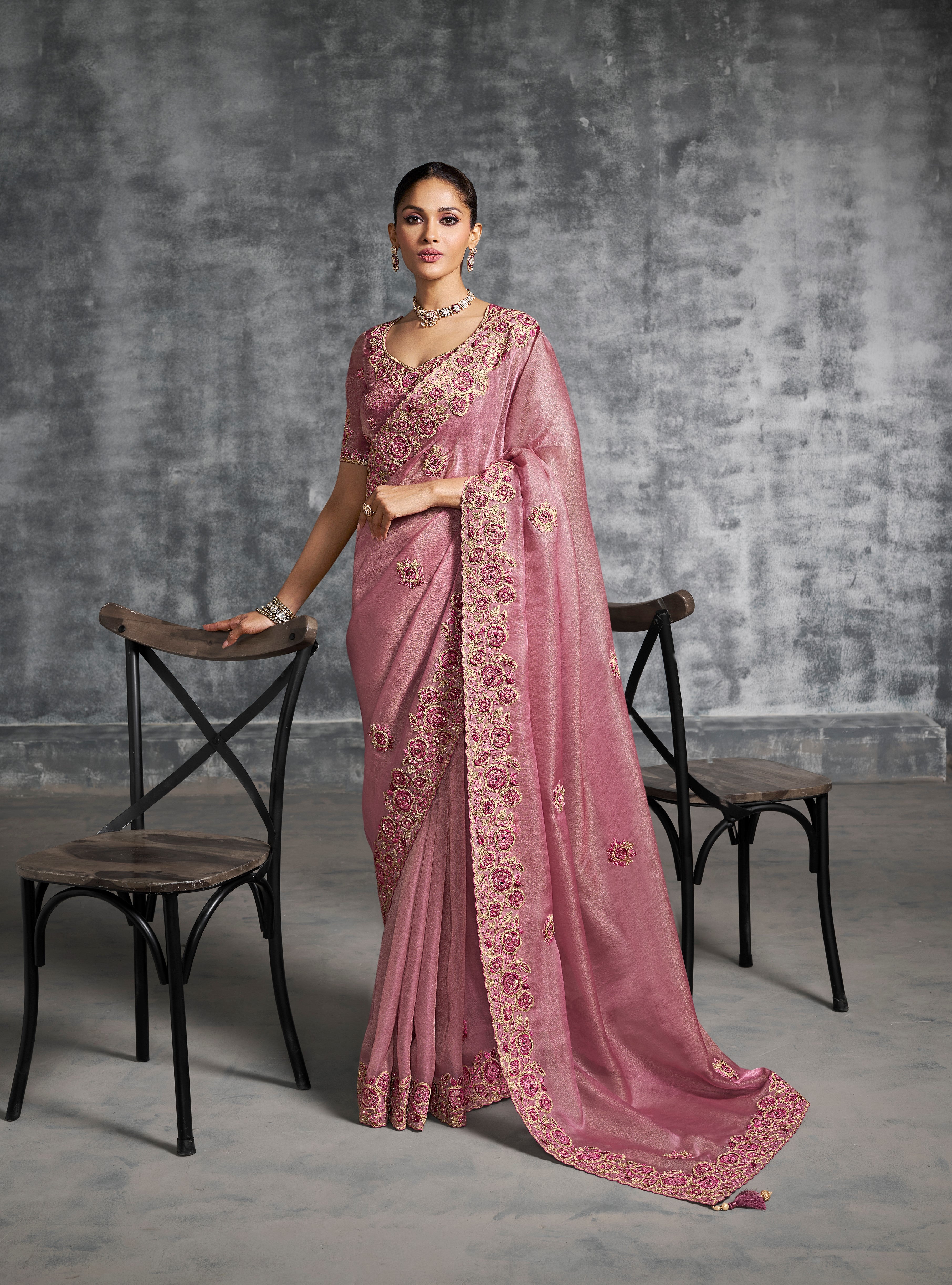 Rose Gold Tissue Zari Embroidered Saree