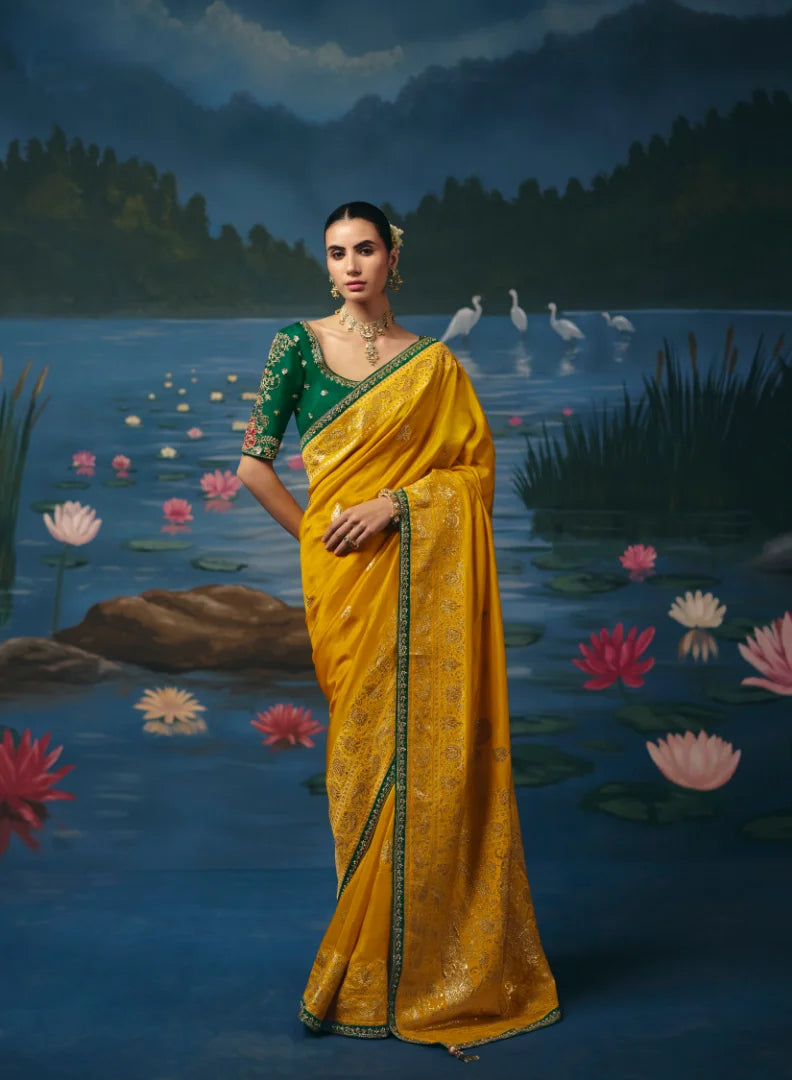 Dola Silk Yellow Designer Weaving Work Sarees